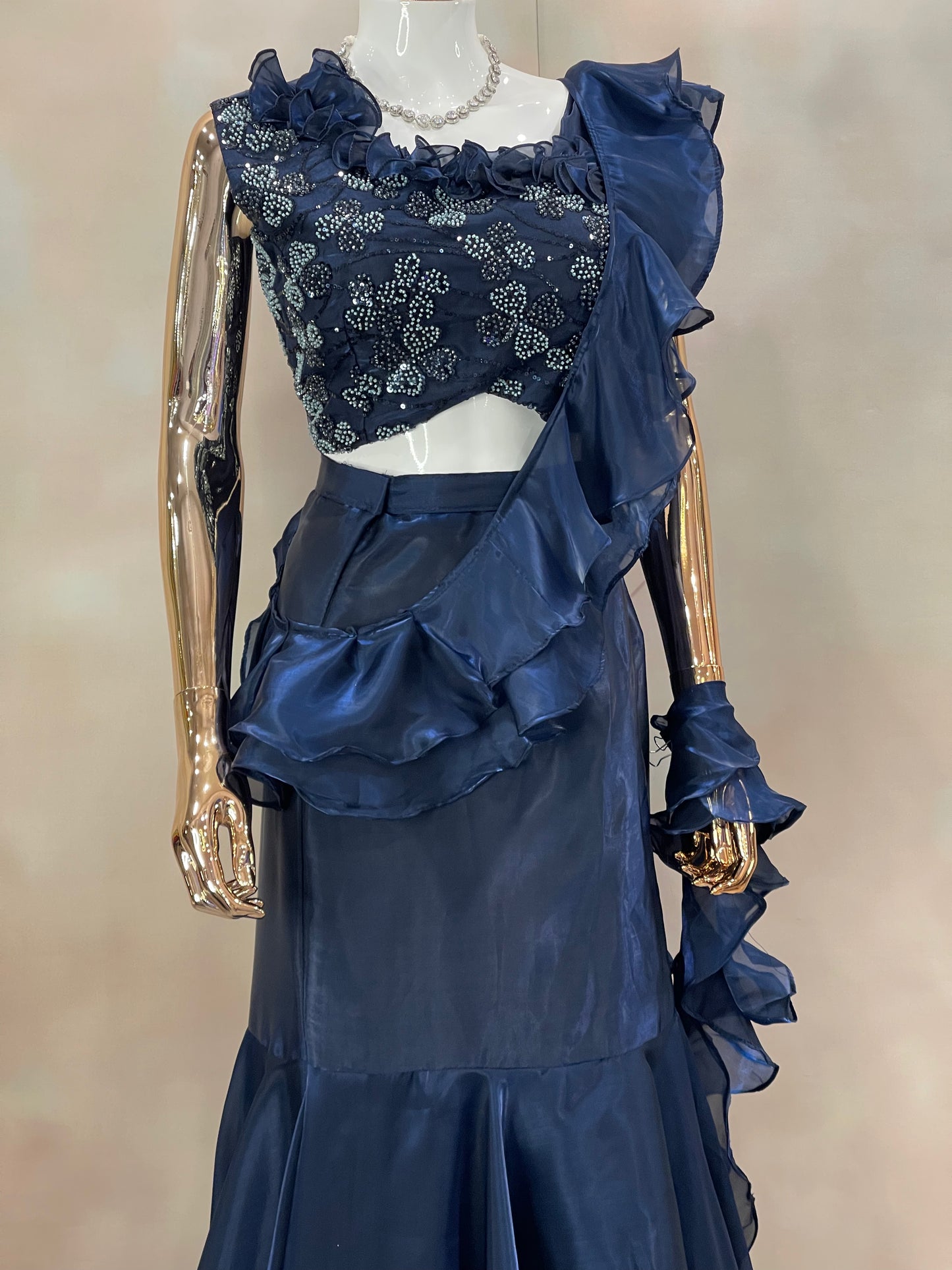 Midnight Ruffle – Navy Blue Embellished Saree Gown