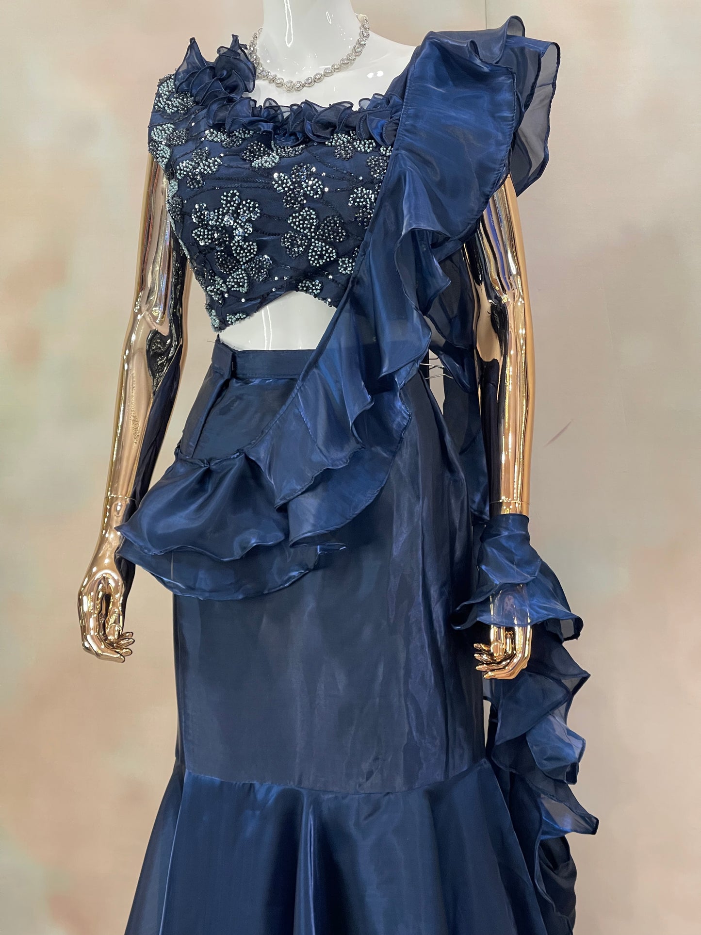 Midnight Ruffle – Navy Blue Embellished Saree Gown