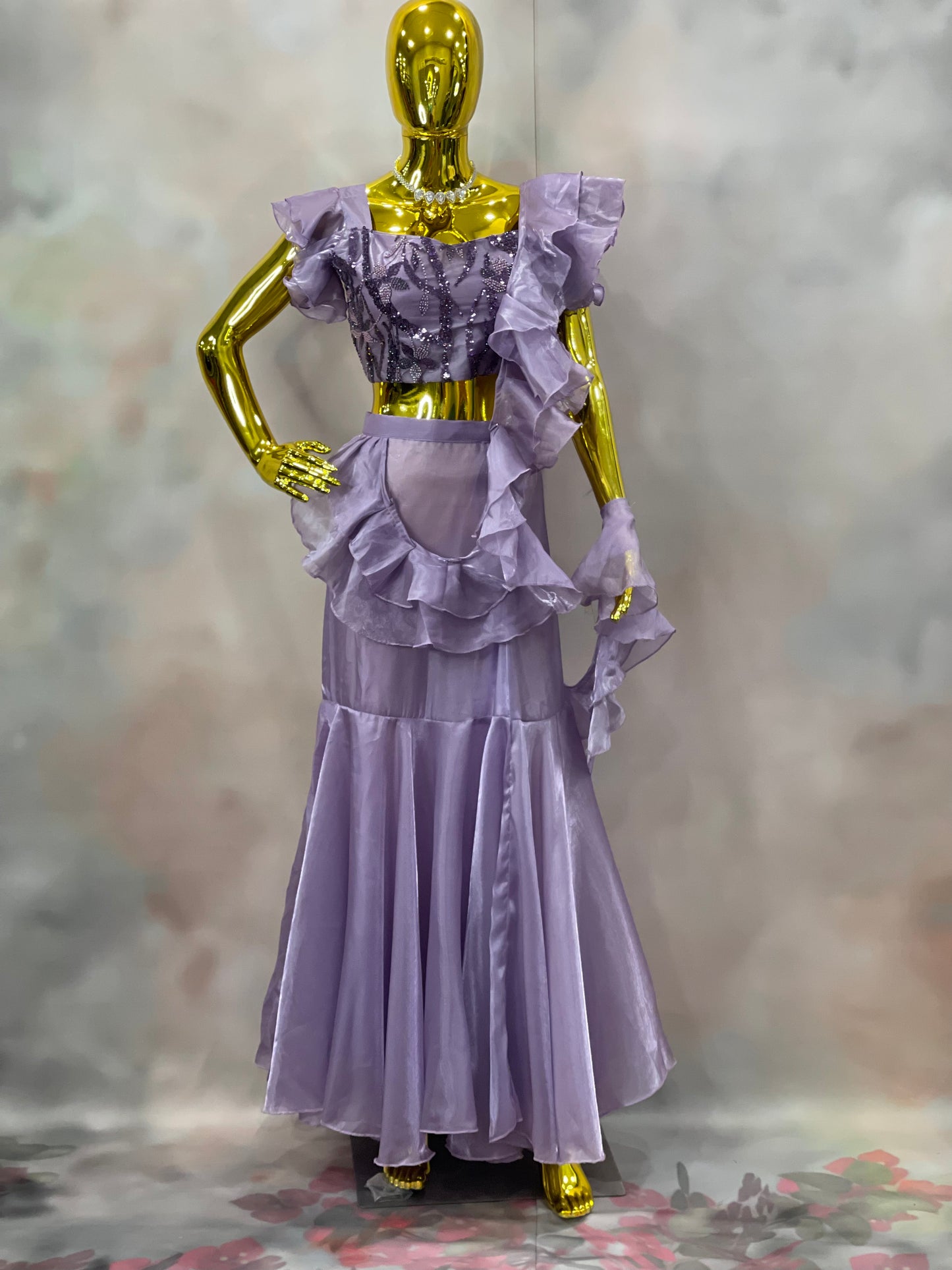 Lilac Whispers – Lavender Ruffle Crop Top & Skirt Set