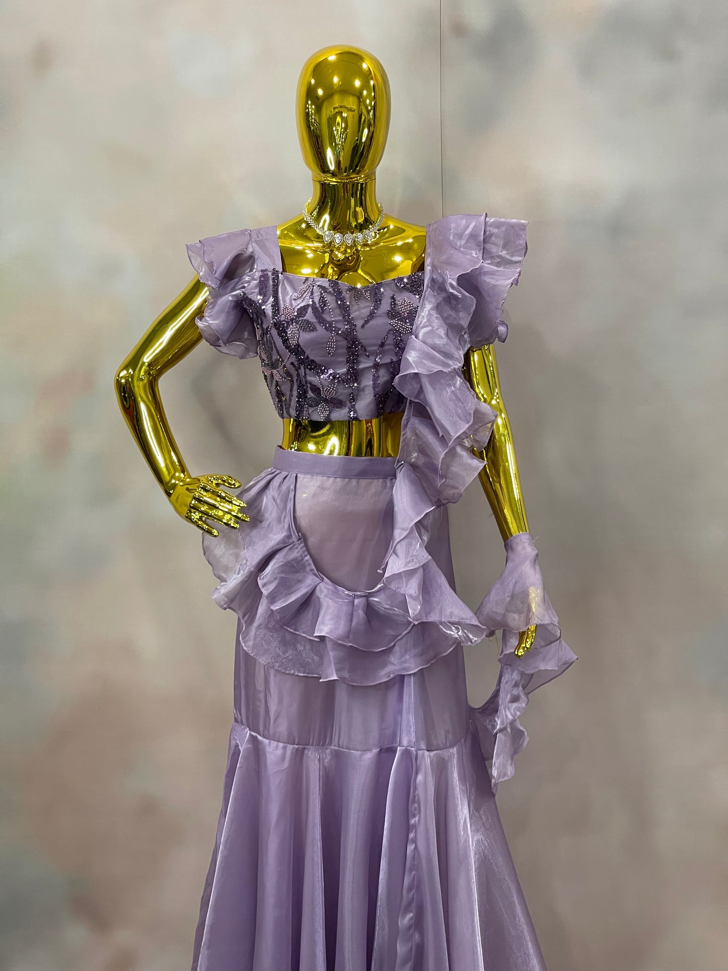 Lilac Whispers – Lavender Ruffle Crop Top & Skirt Set