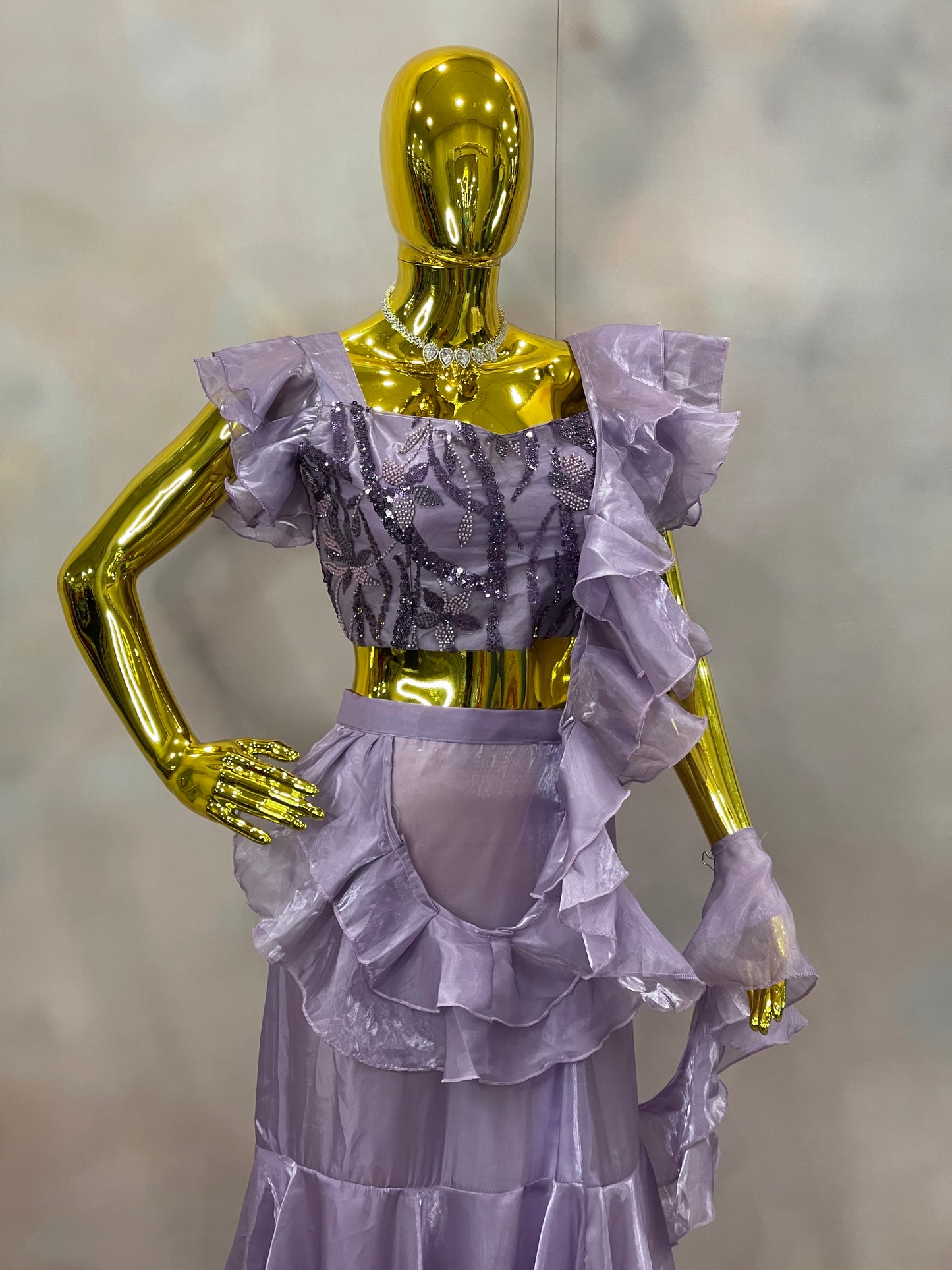 Lilac Whispers – Lavender Ruffle Crop Top & Skirt Set