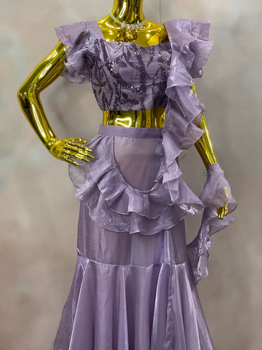 Lilac Whispers – Lavender Ruffle Crop Top & Skirt Set