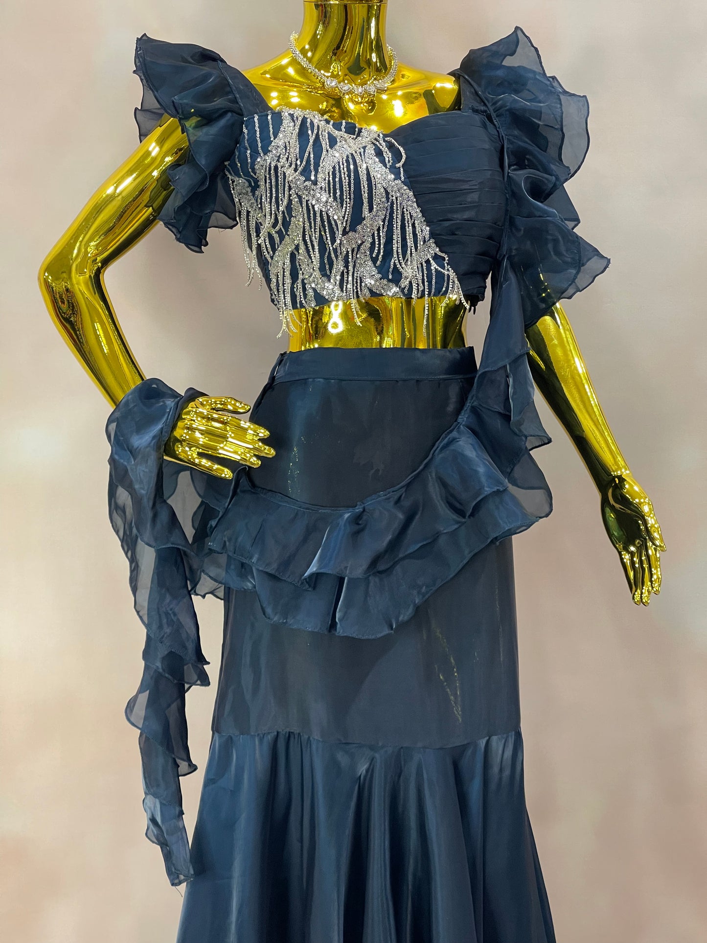Midnight Ruffles – Navy Blue Sequin Saree Gown