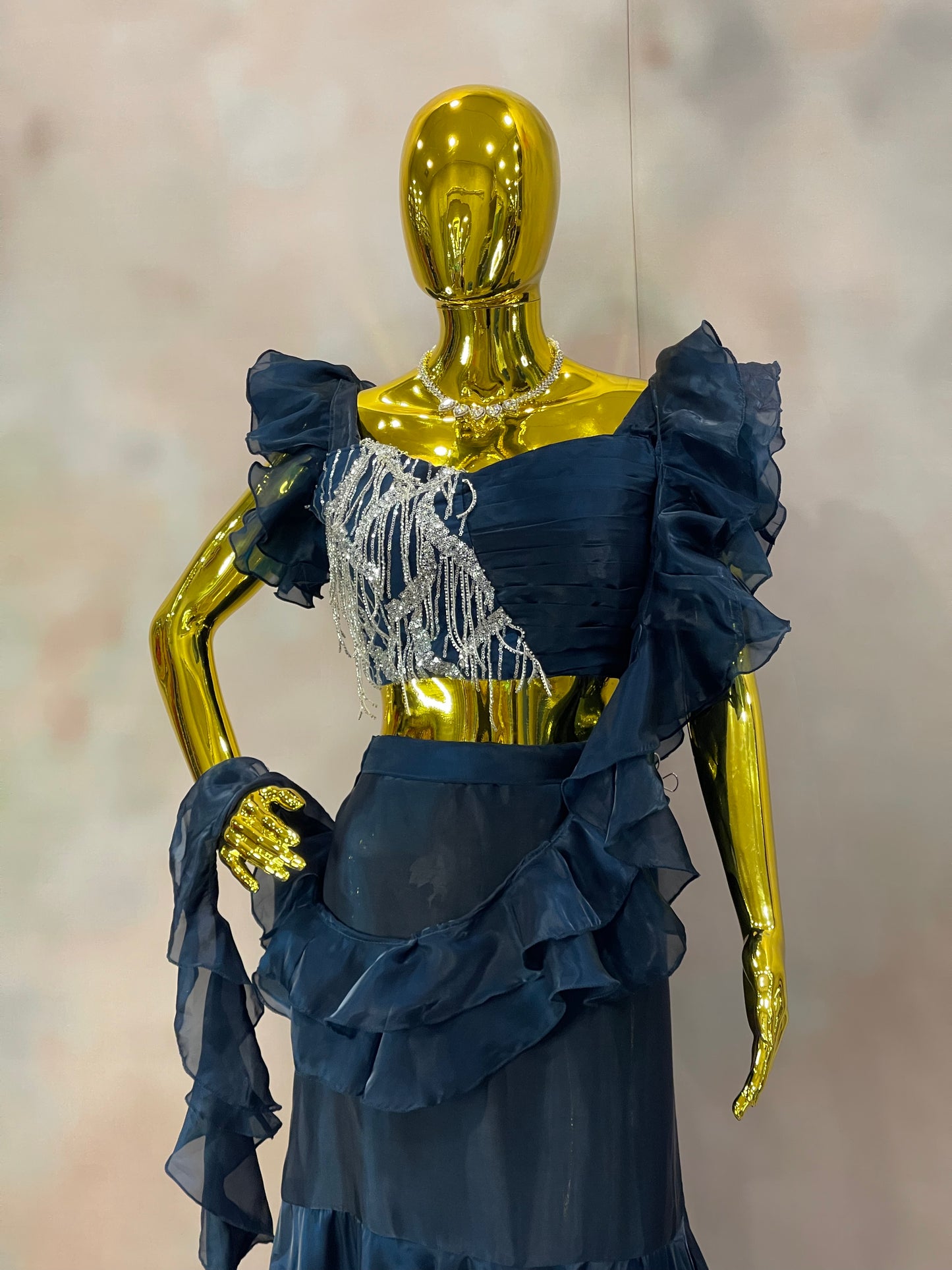 Midnight Ruffles – Navy Blue Sequin Saree Gown