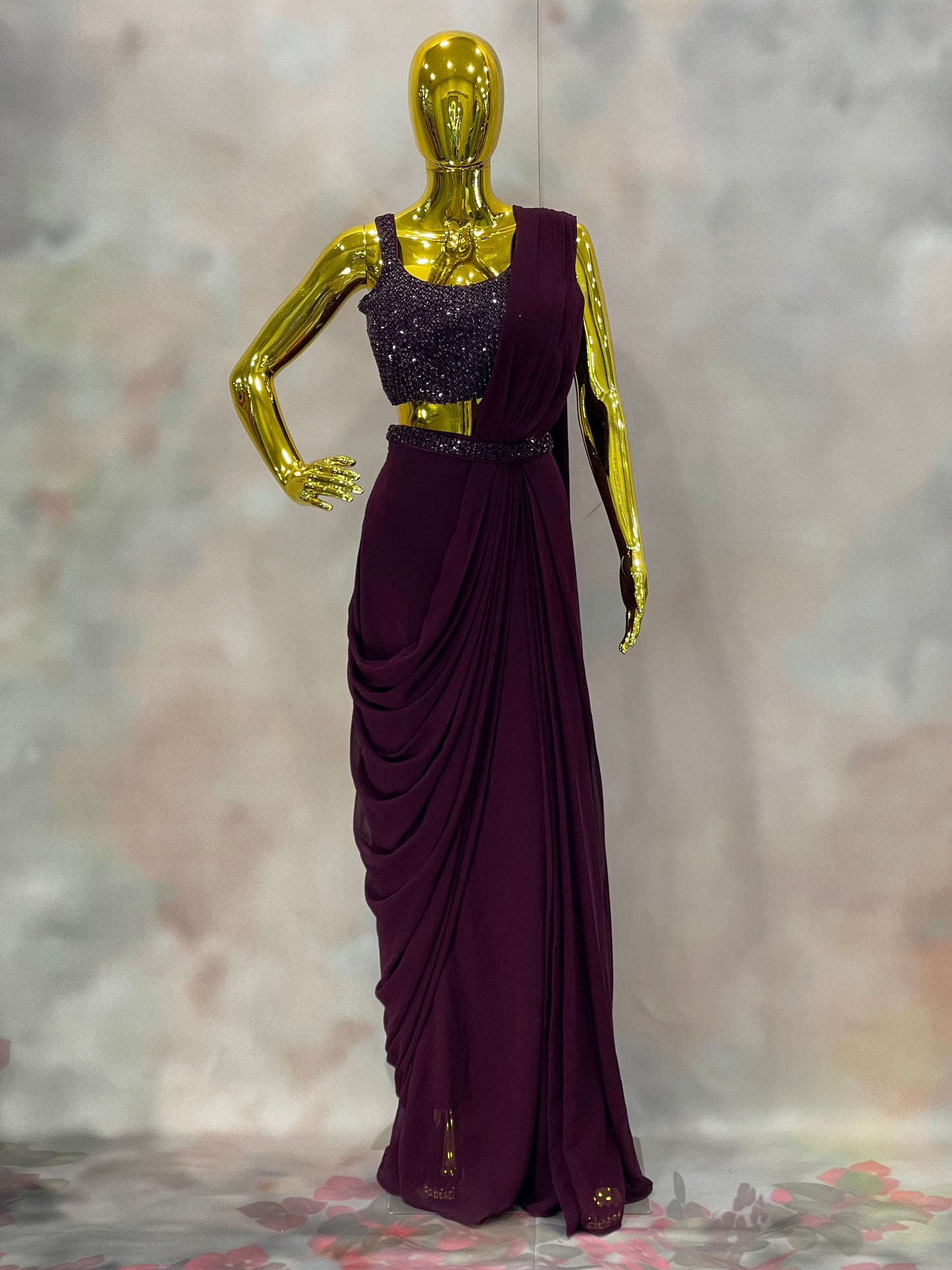 Plum Elegance – Sequin Drape Saree Gown