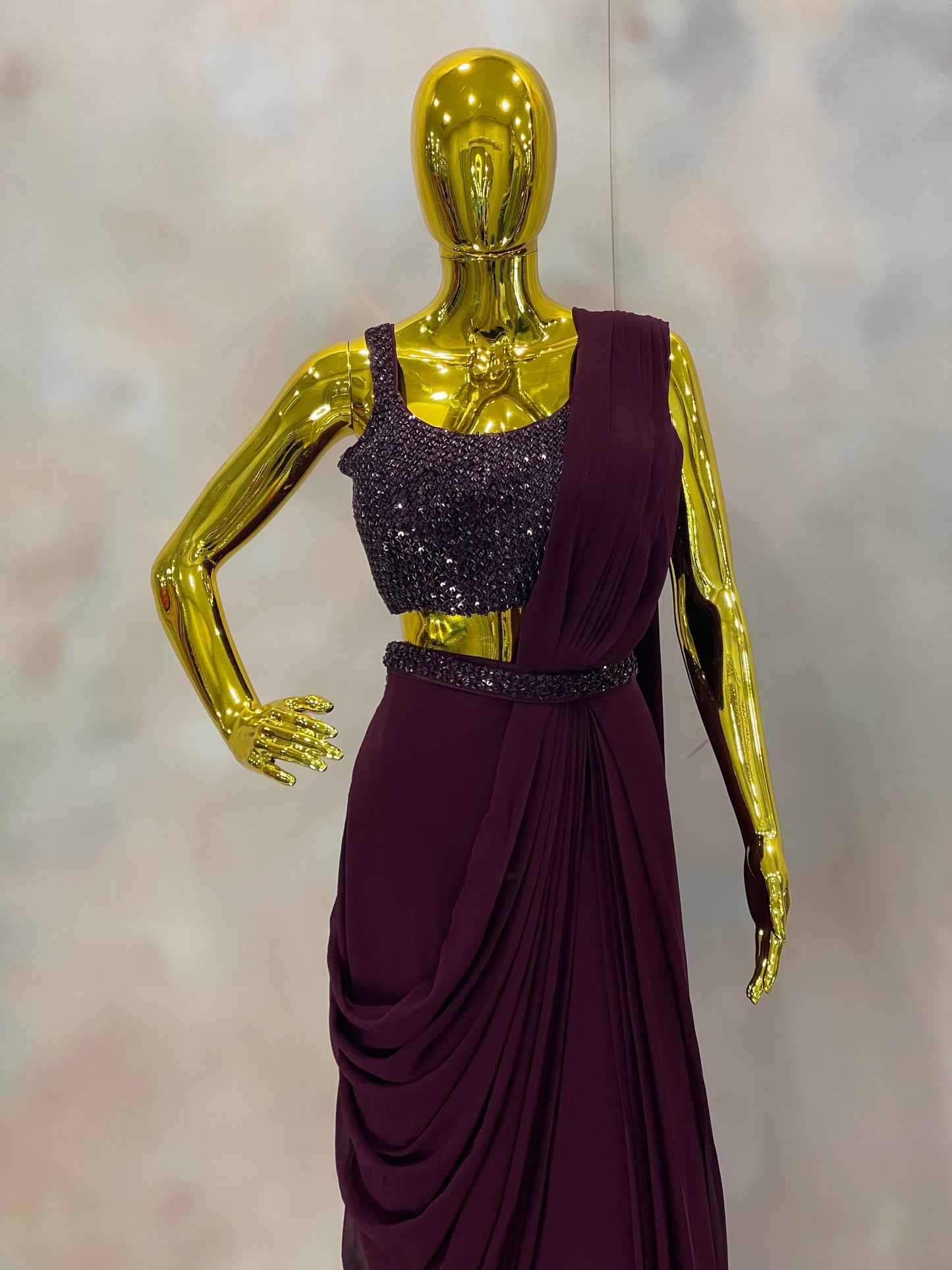 Plum Elegance – Sequin Drape Saree Gown