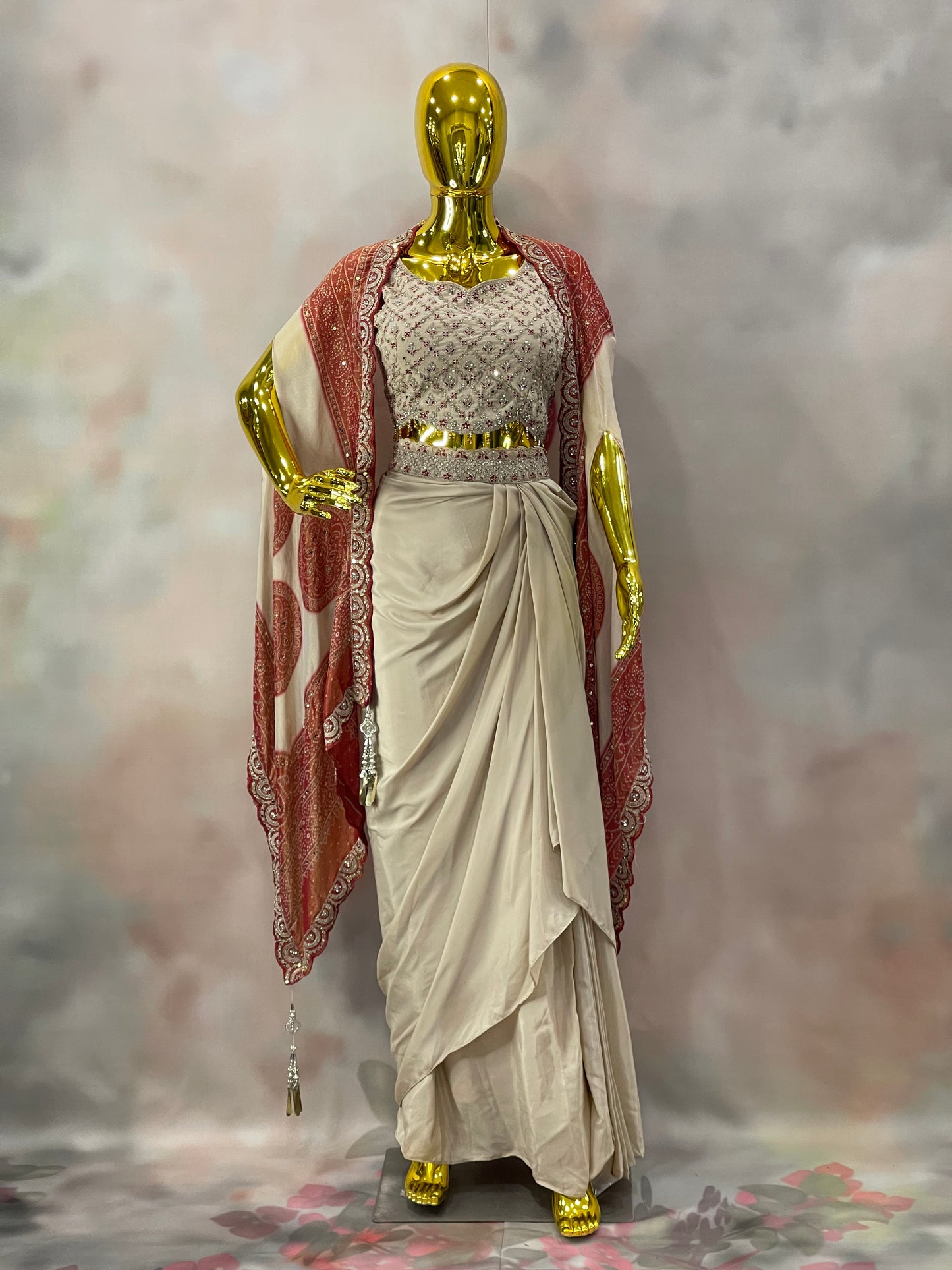 Ivory Grace – Embellished Saree Gown with Red Dupatta