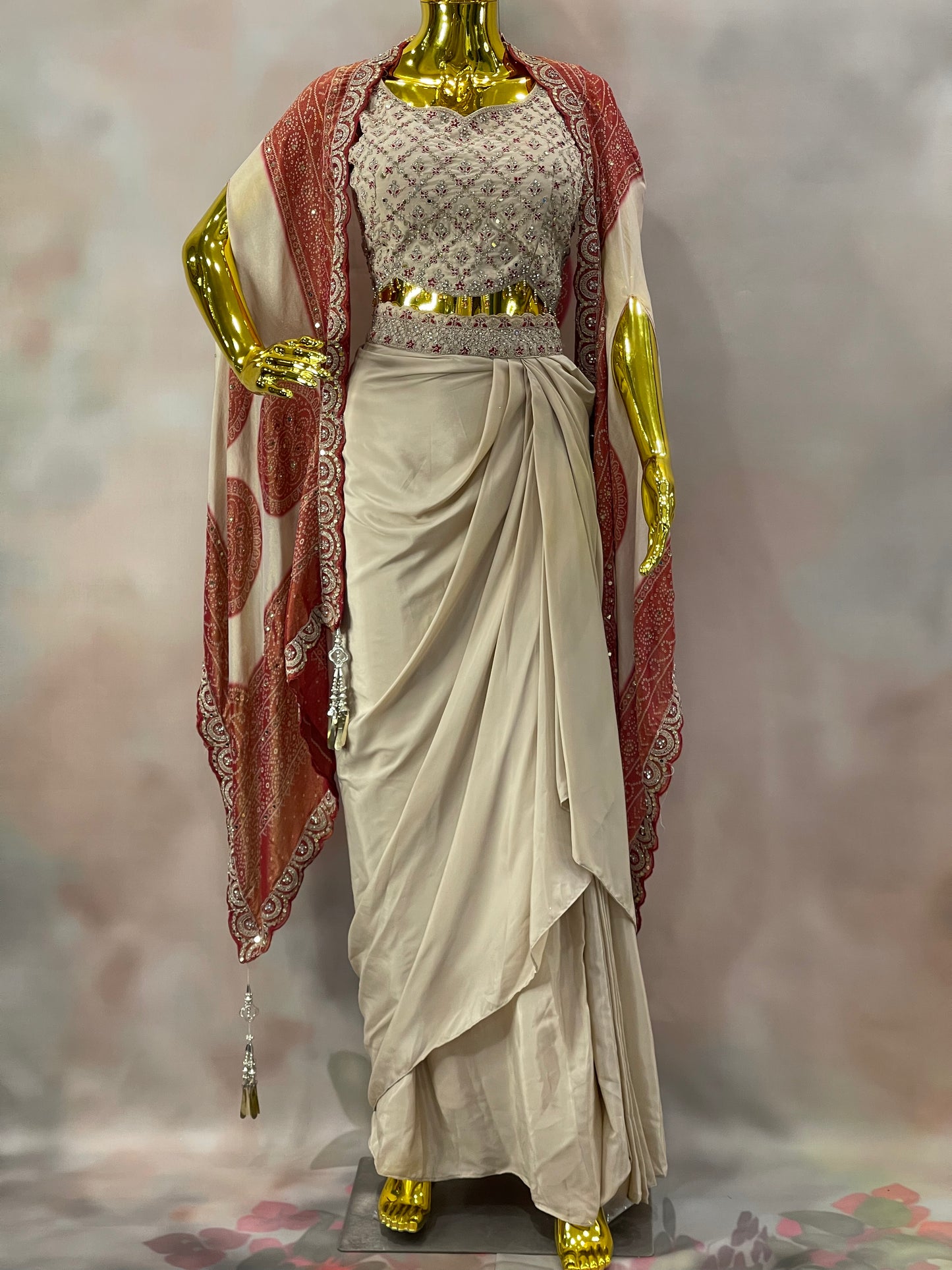 Ivory Grace – Embellished Saree Gown with Red Dupatta