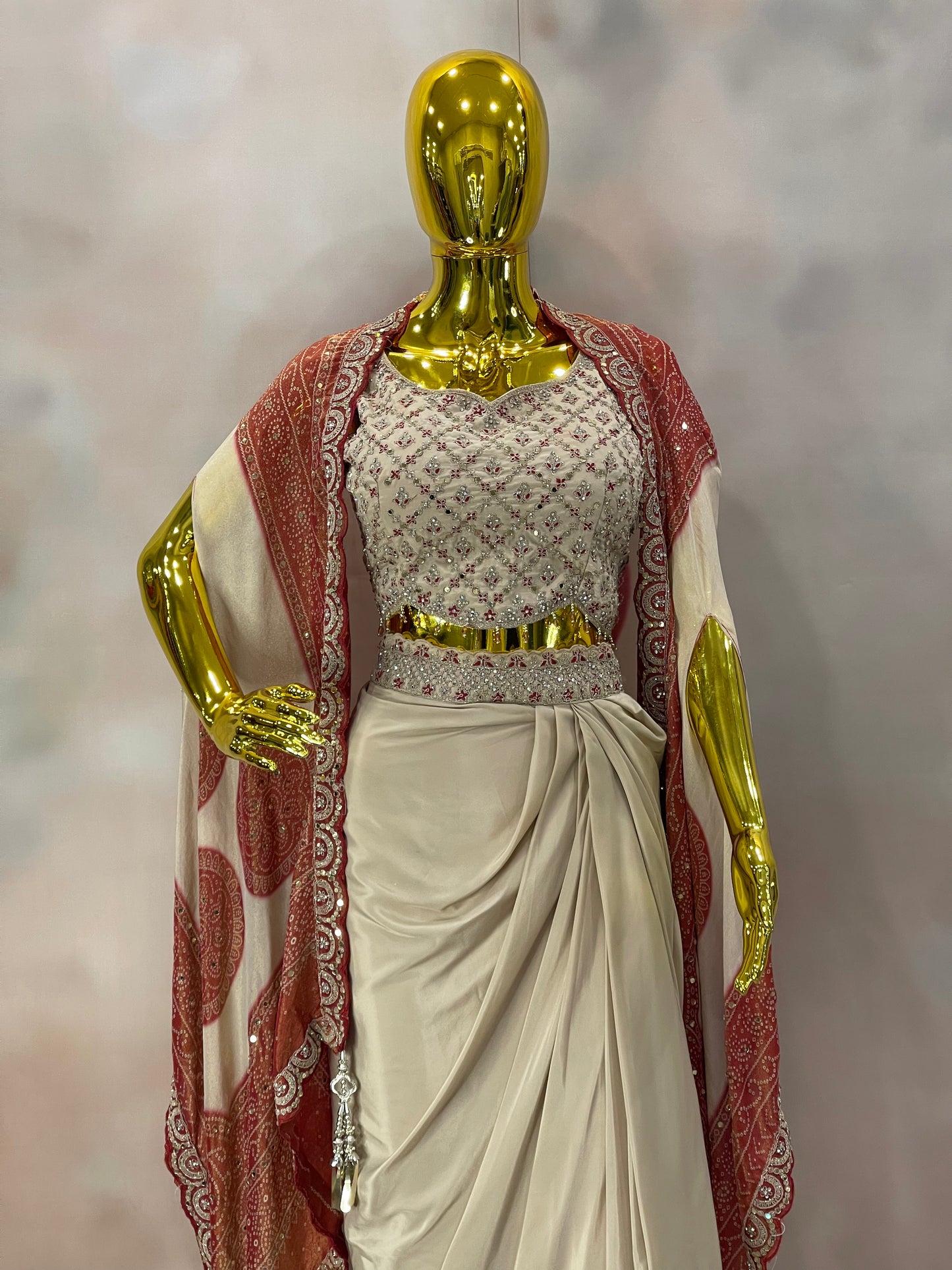 Ivory Grace – Embellished Saree Gown with Red Dupatta