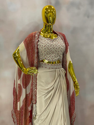 Ivory Grace – Embellished Saree Gown with Red Dupatta