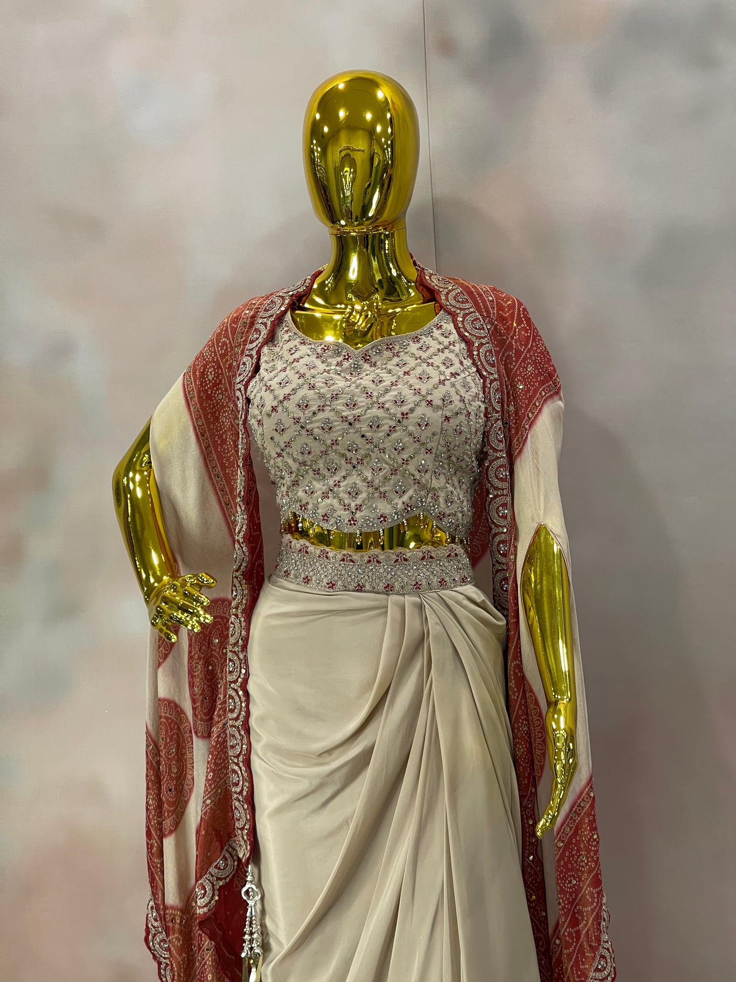 Ivory Grace – Embellished Saree Gown with Red Dupatta