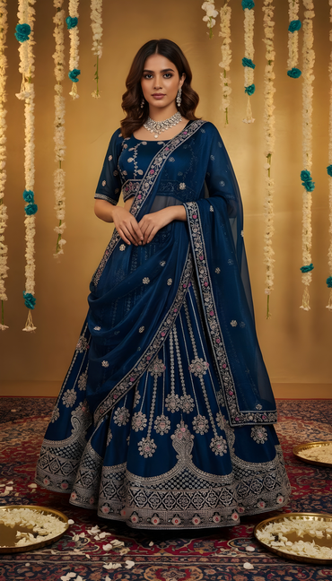 Midnight Bloom – Navy Blue Embroidered Lehenga Set