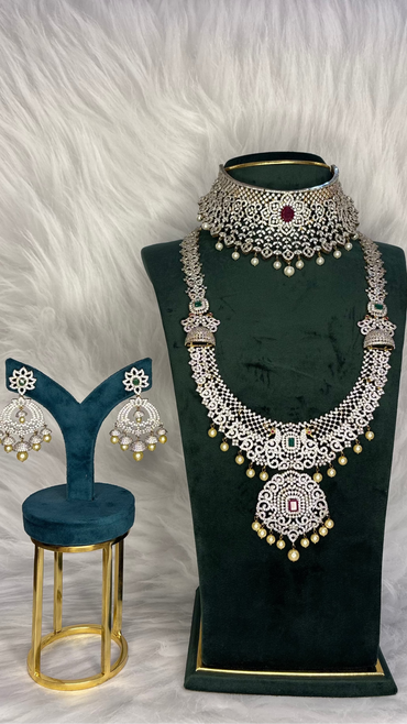 Diamond Finish Bridal Jewellery Set with Ruby Accents