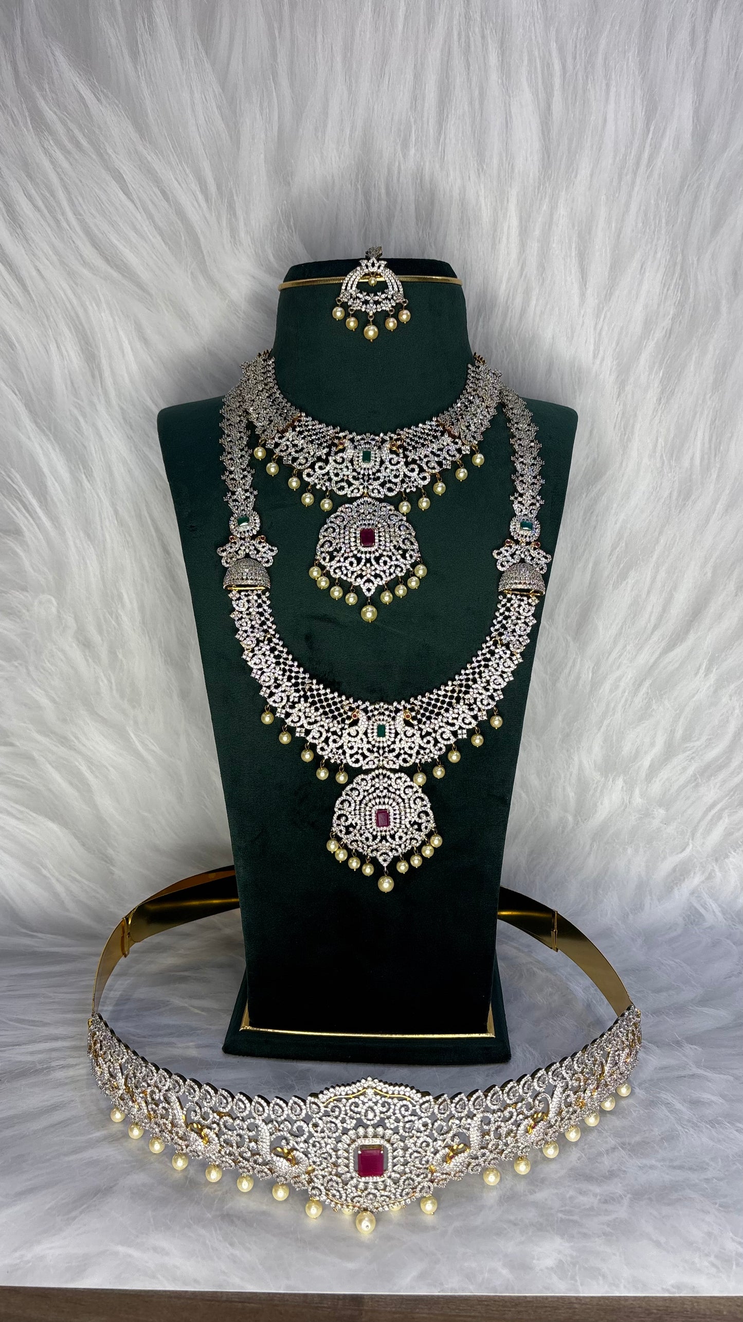 Diamond Finish Bridal Jewellery Set with Ruby Accents