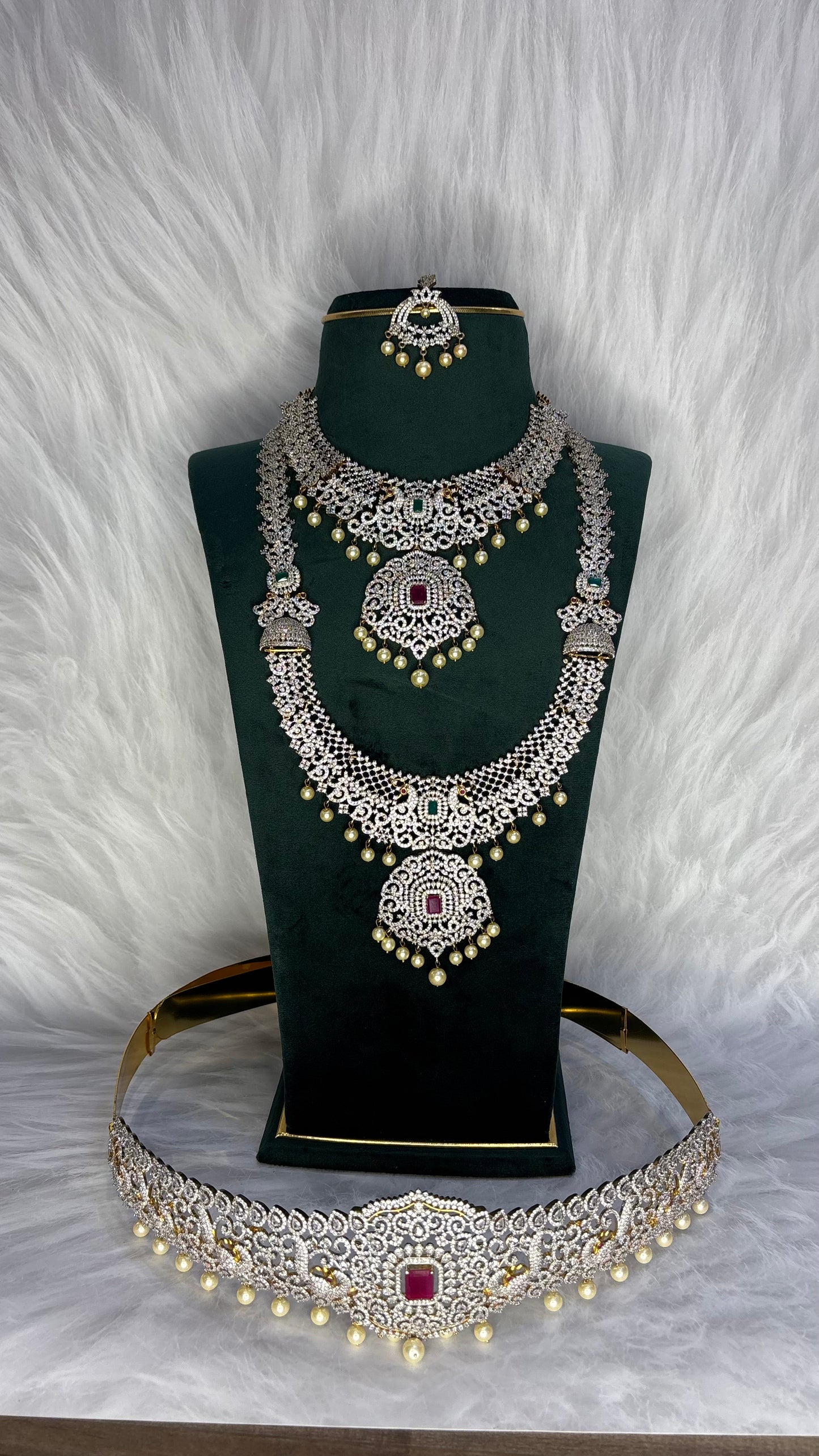 Diamond Finish Bridal Jewellery Set with Ruby Accents