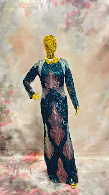 Mystic Mirage – Teal Sequin Feather Motif Gown