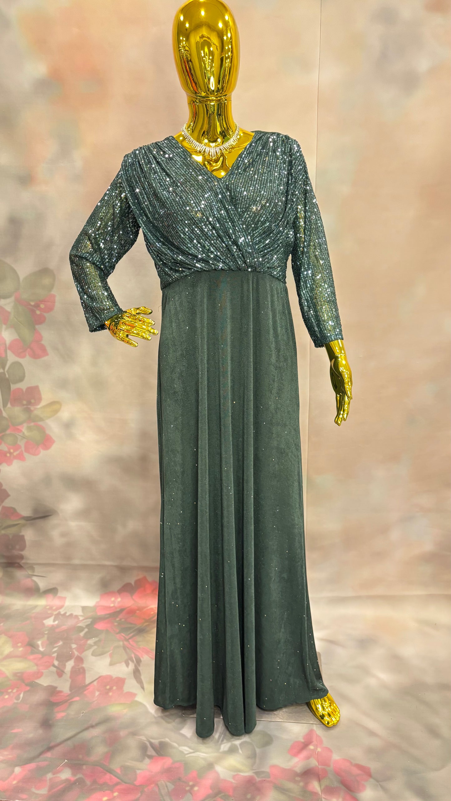 Emerald Shimmer – Dark Green Sequin Gown with Draped Bodice