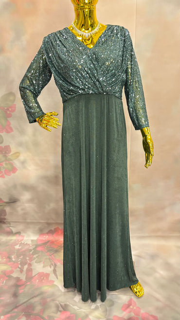 Emerald Shimmer – Dark Green Sequin Gown with Draped Bodice
