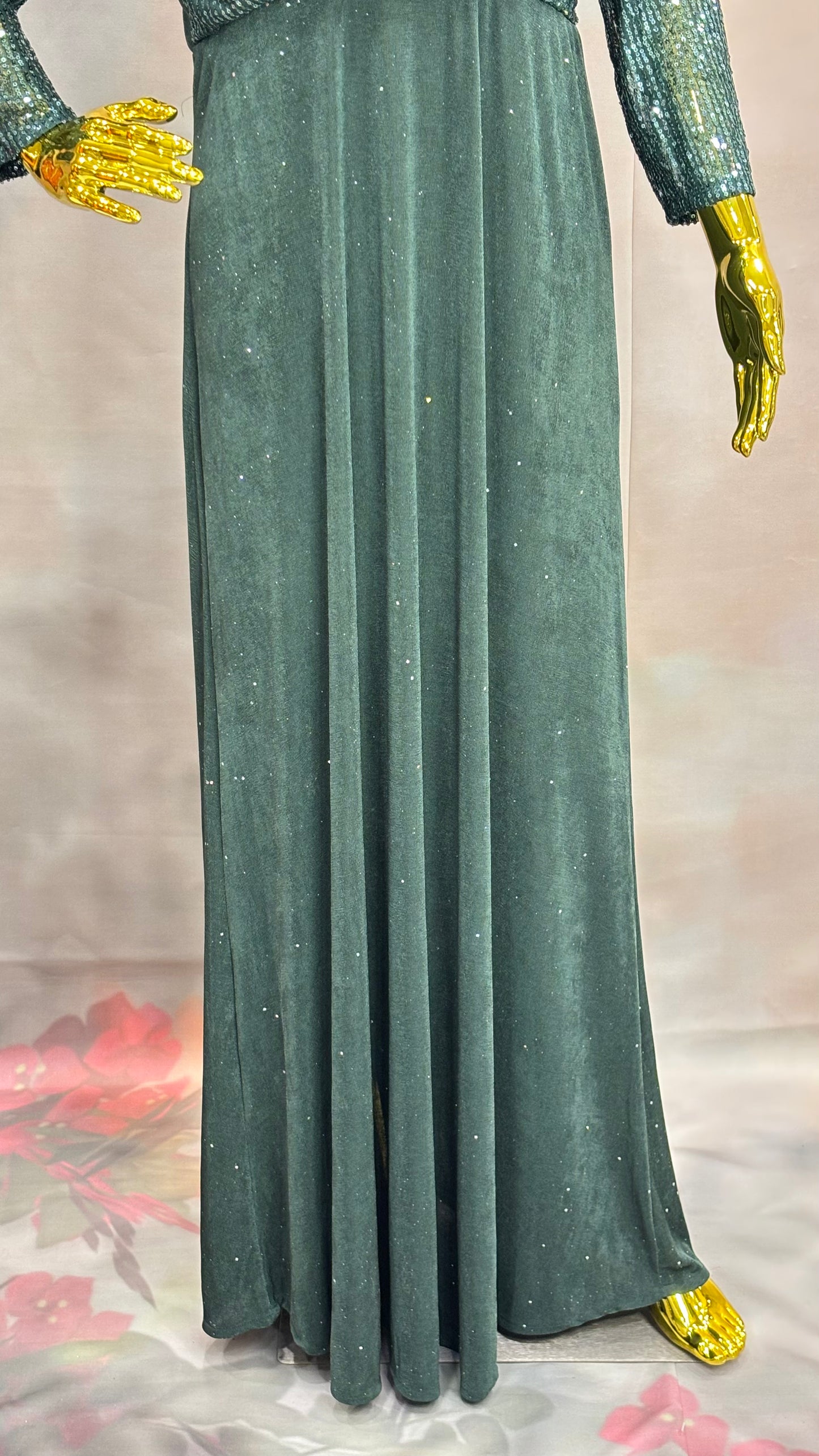 Emerald Shimmer – Dark Green Sequin Gown with Draped Bodice