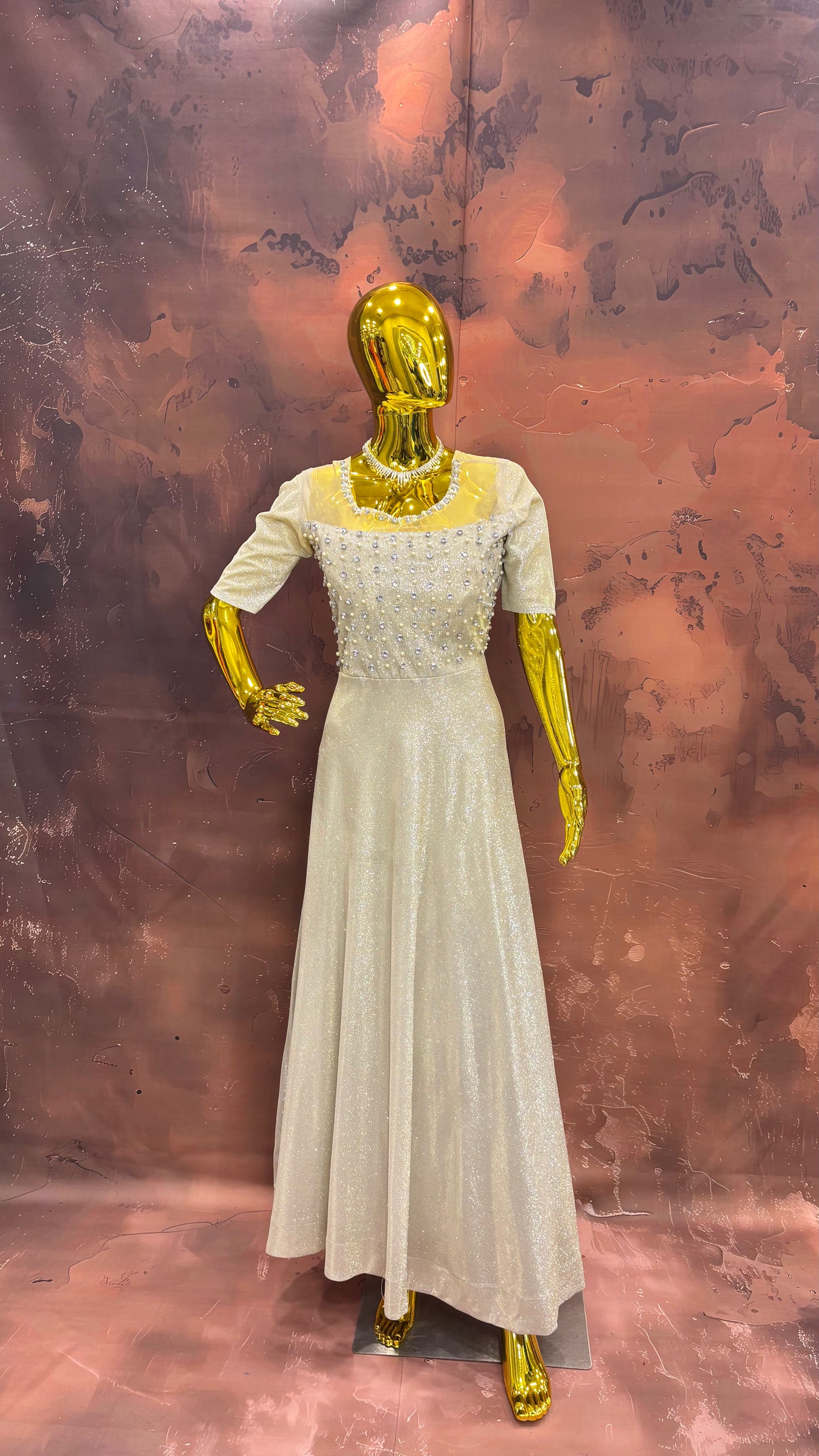 Ivory Radiance – Pearl Embellished Shimmer Gown
