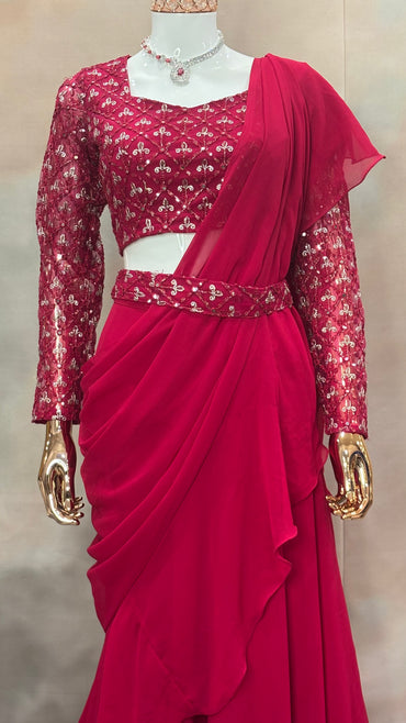Crimson Charm – Ruffle Saree Gown with Embroidered Blouse