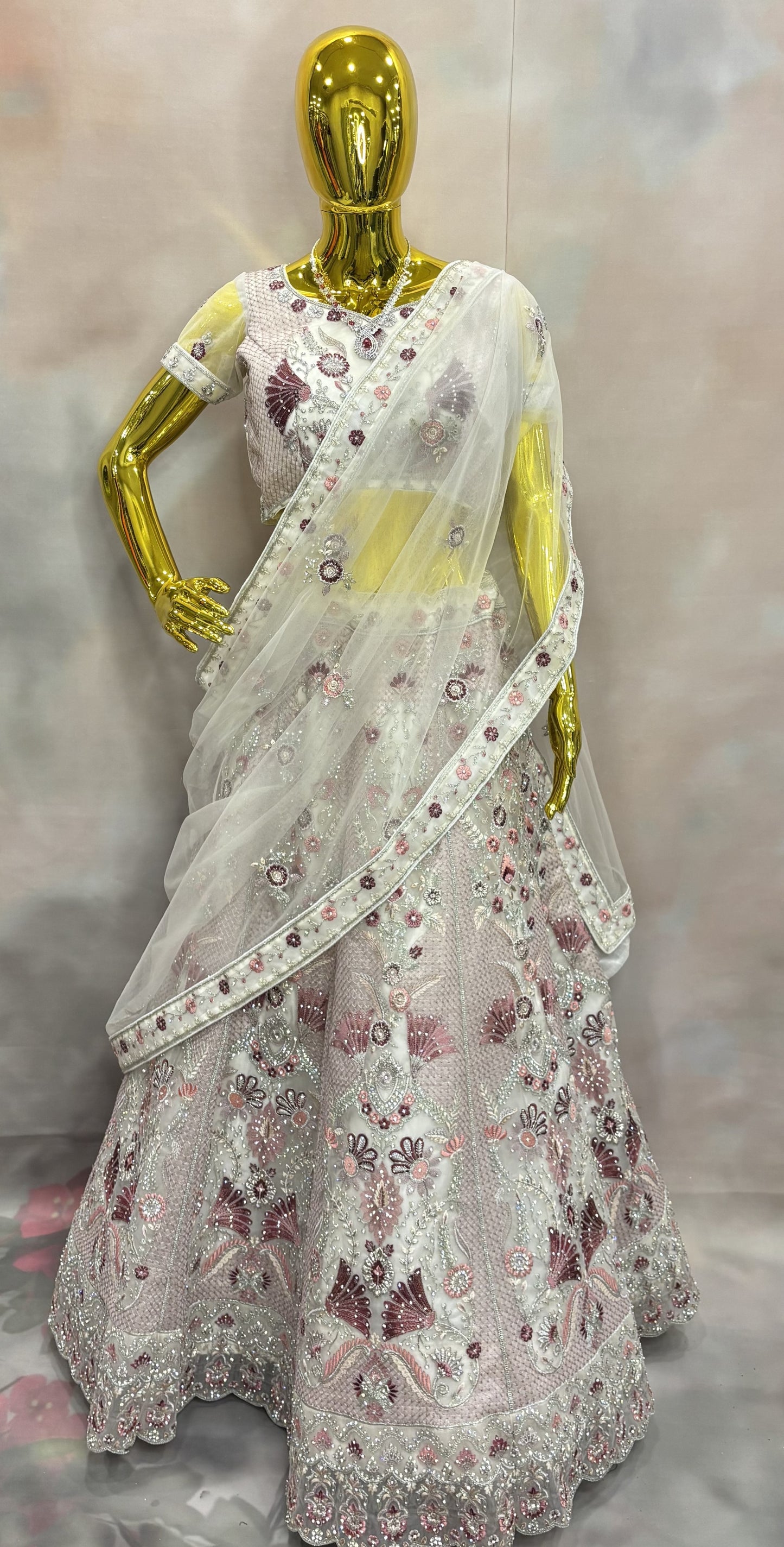 Blossom Ivory Lehenga – White and Pink Floral Lehenga Set