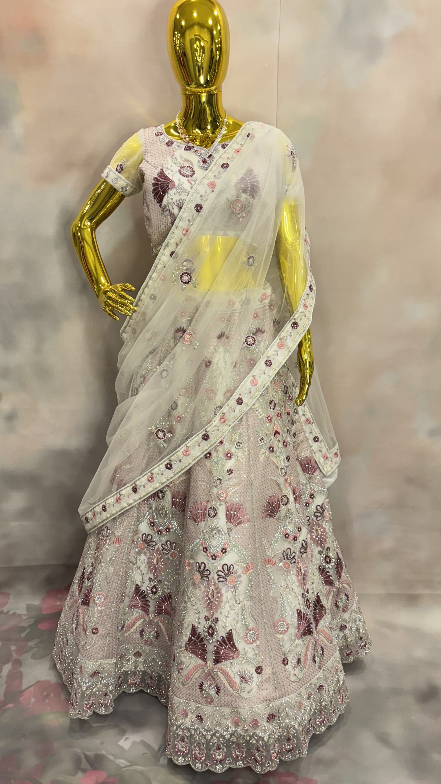 Blossom Ivory Lehenga – White and Pink Floral Lehenga Set
