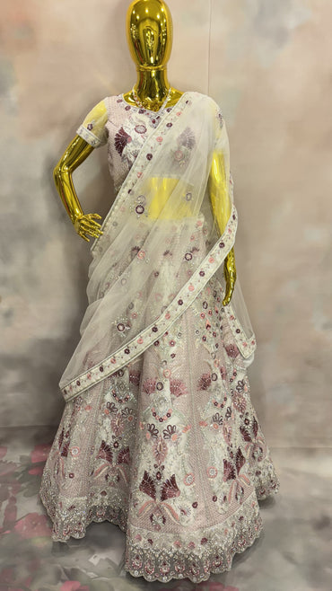 Blossom Ivory Lehenga – White and Pink Floral Lehenga Set