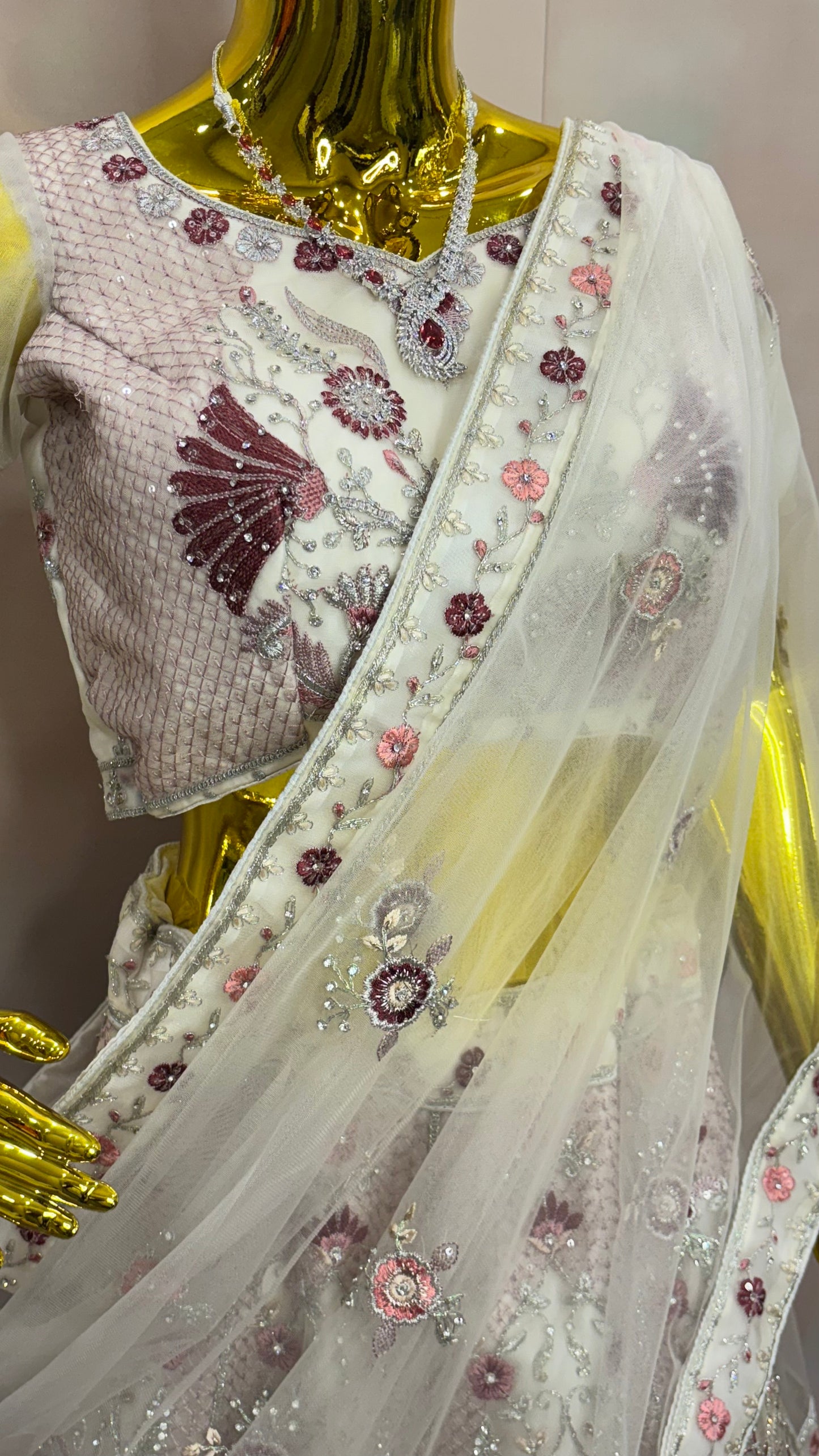 Blossom Ivory Lehenga – White and Pink Floral Lehenga Set