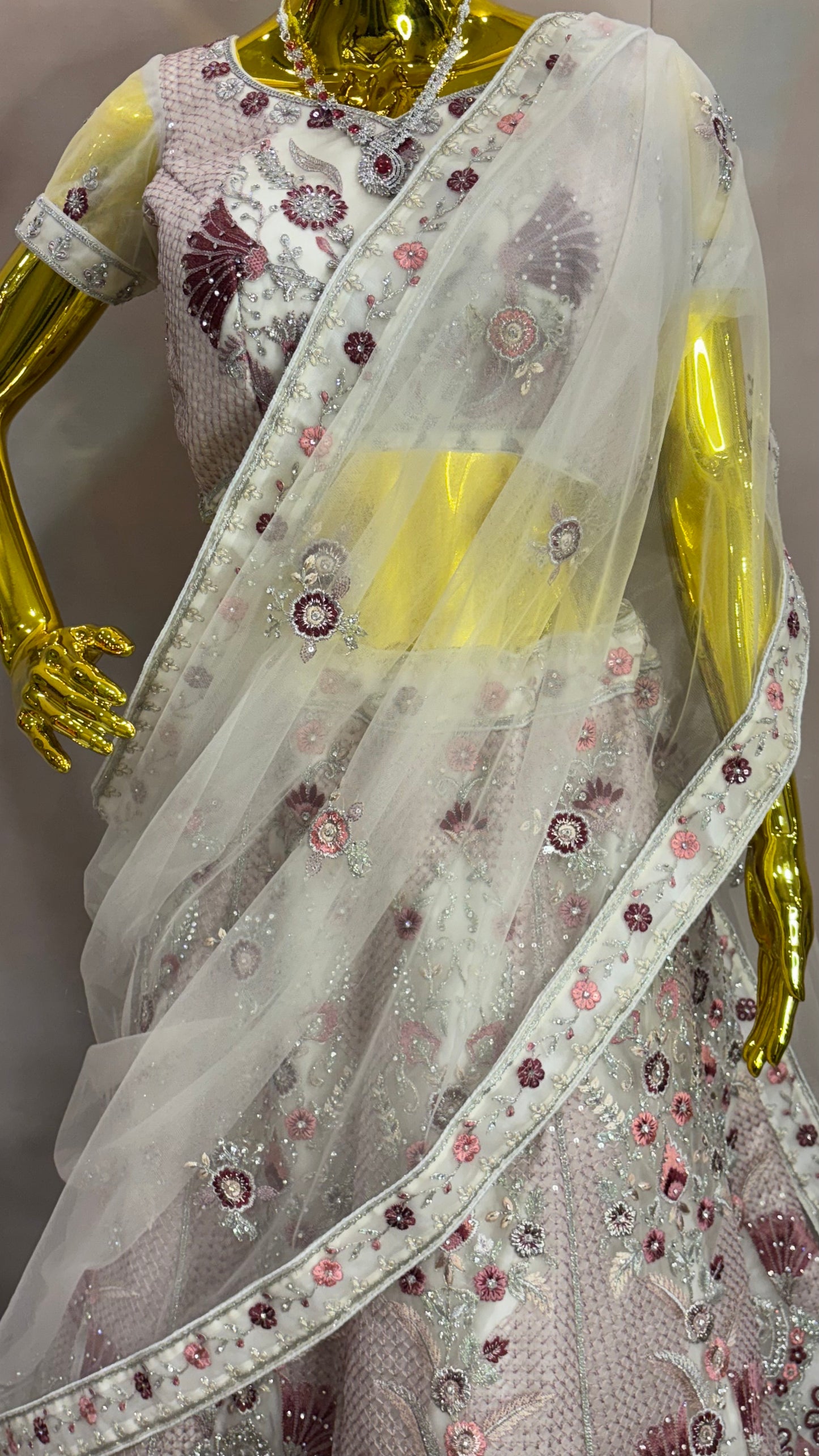 Blossom Ivory Lehenga – White and Pink Floral Lehenga Set