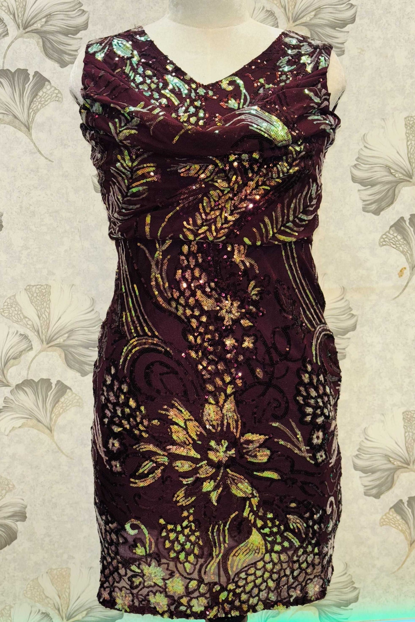 Velvet Ember – Burgundy Floral Sequin Cocktail Dress