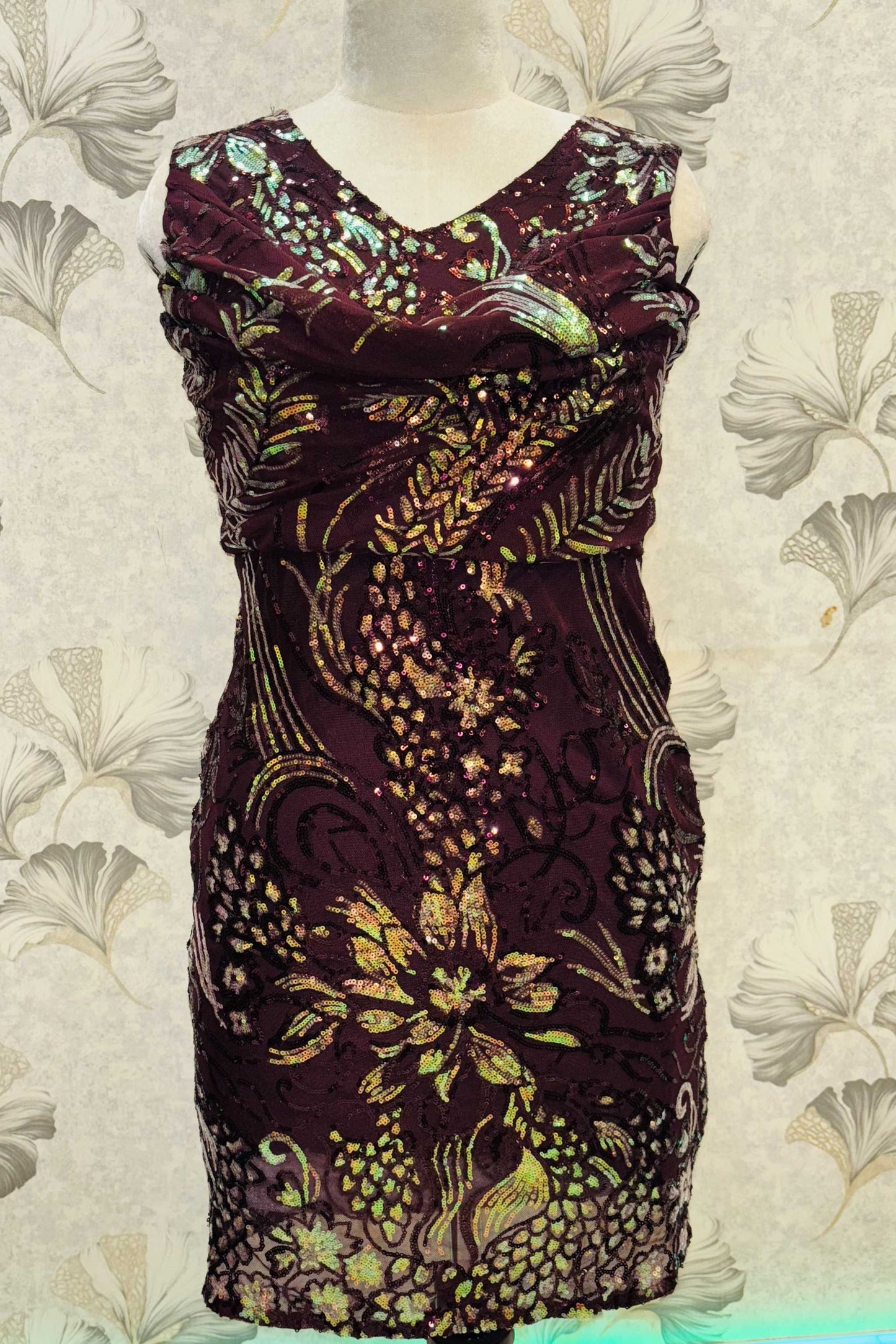 Velvet Ember – Burgundy Floral Sequin Cocktail Dress