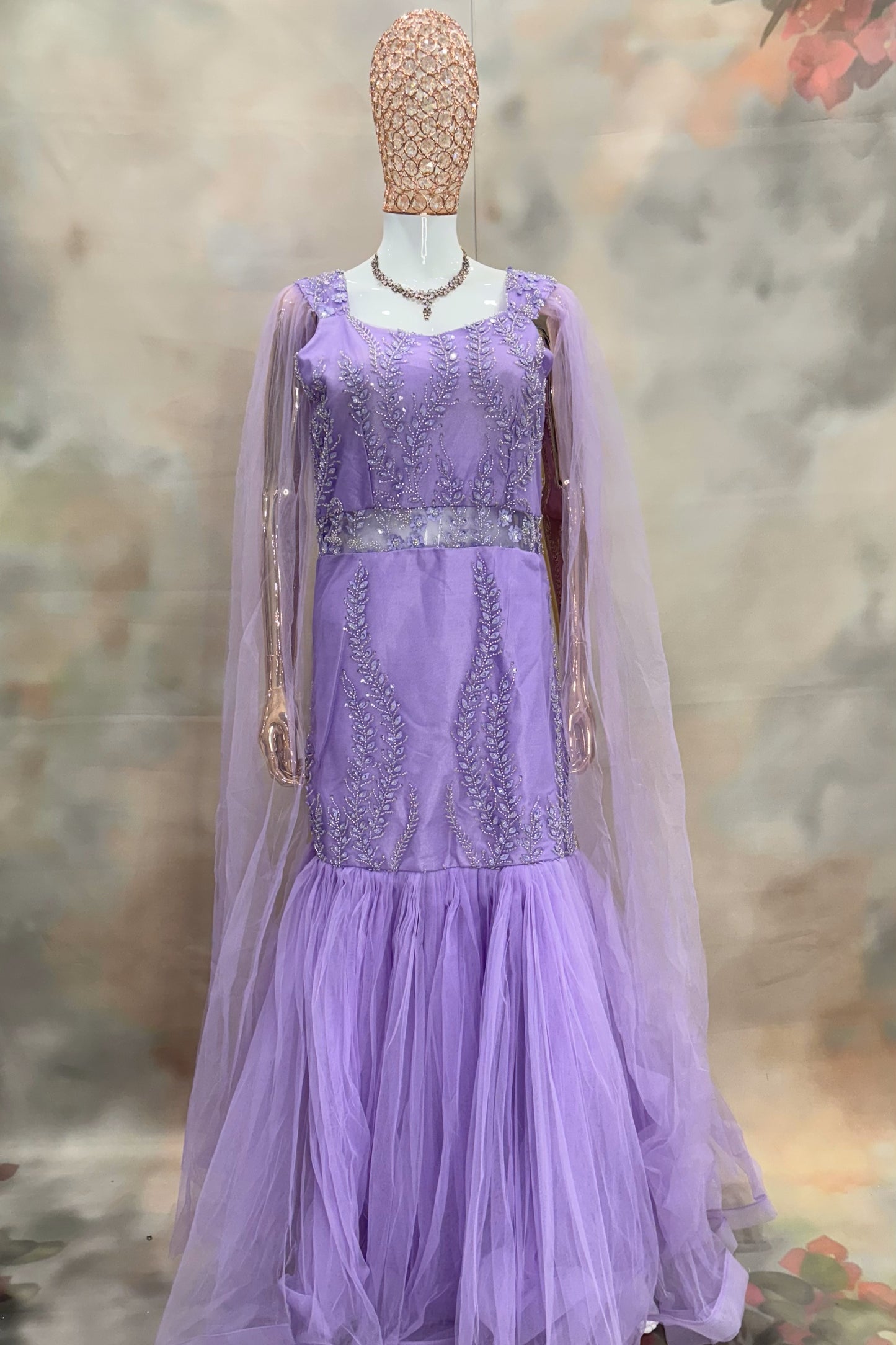 Lavender Embroidered Gown with Sheer Cape Sleeves