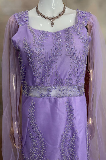 Lavender Embroidered Gown with Sheer Cape Sleeves