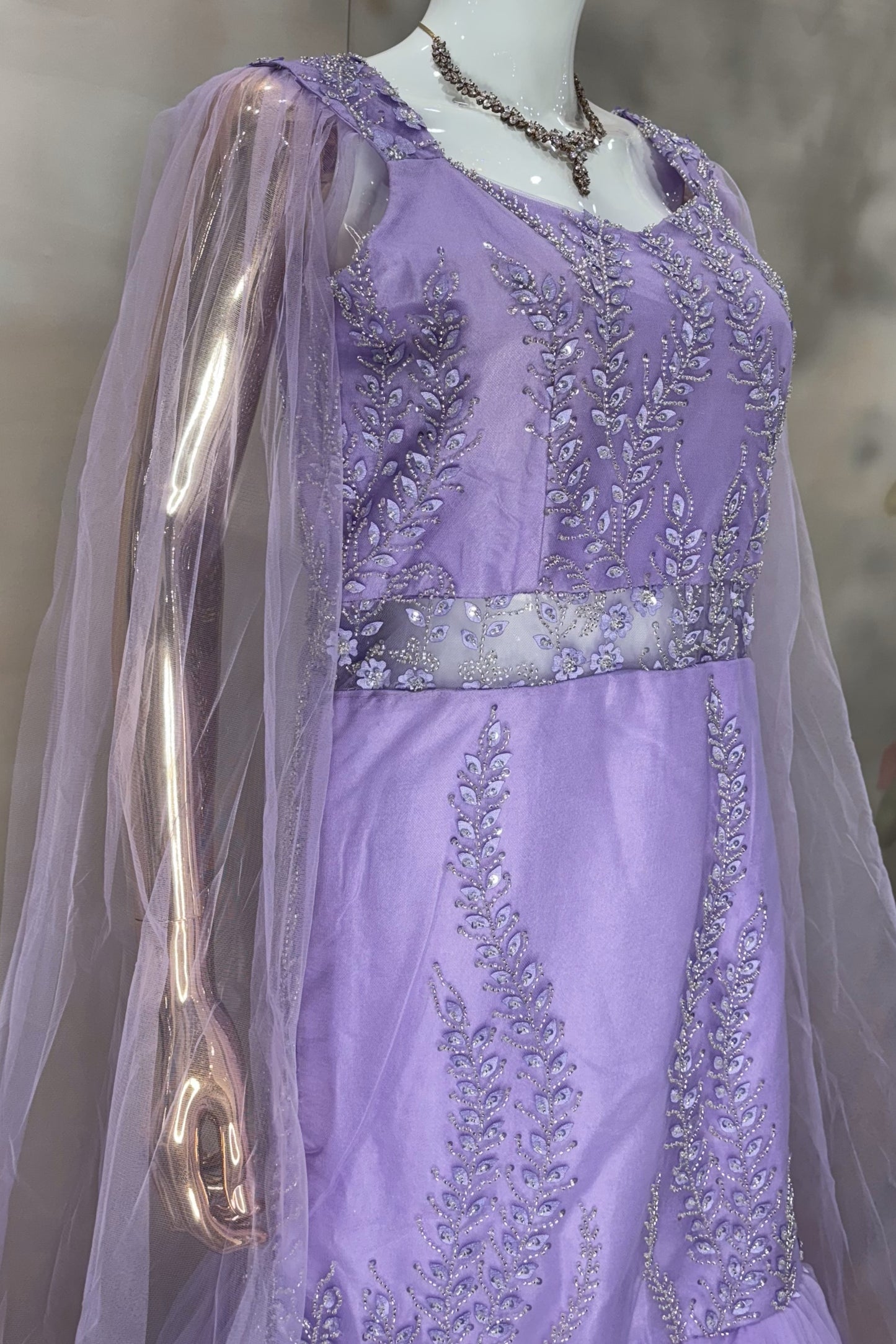 Lavender Embroidered Gown with Sheer Cape Sleeves