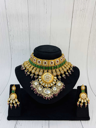 Grand Polki Emerald Bridal Choker Set with Earrings
