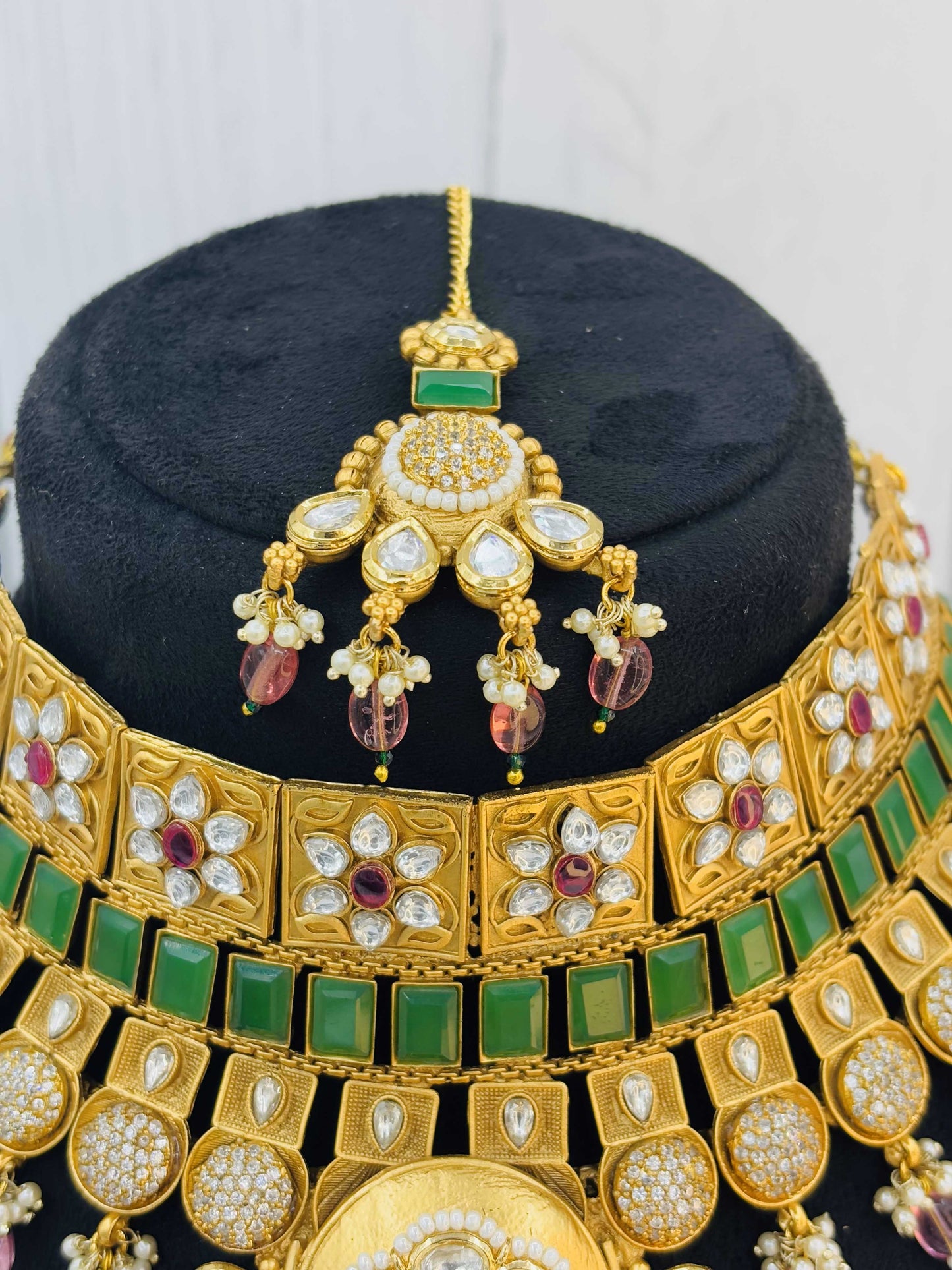 Grand Polki Emerald Bridal Choker Set with Earrings