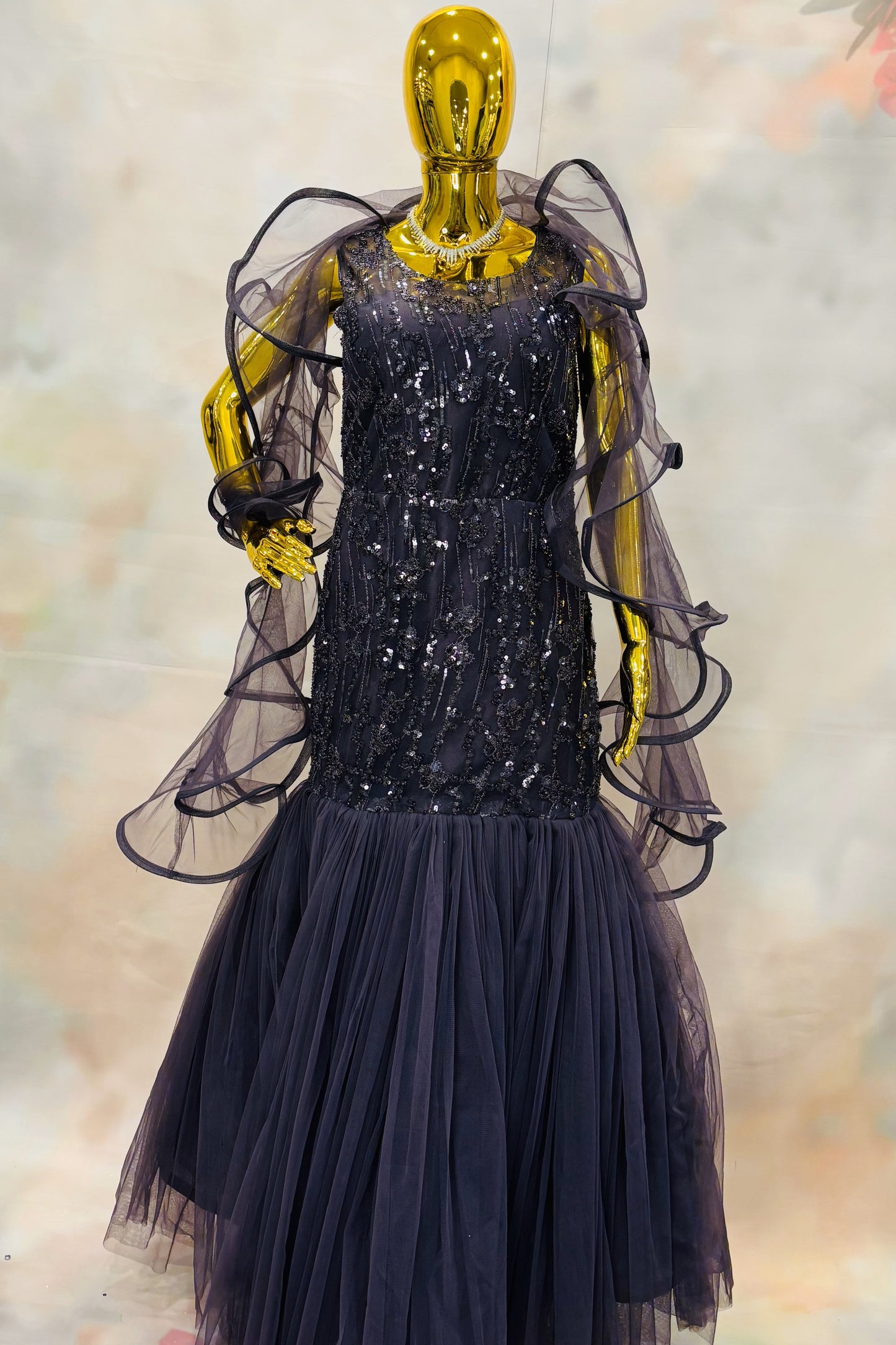 Black Sequin Mermaid Gown with Dramatic Organza Ruffles