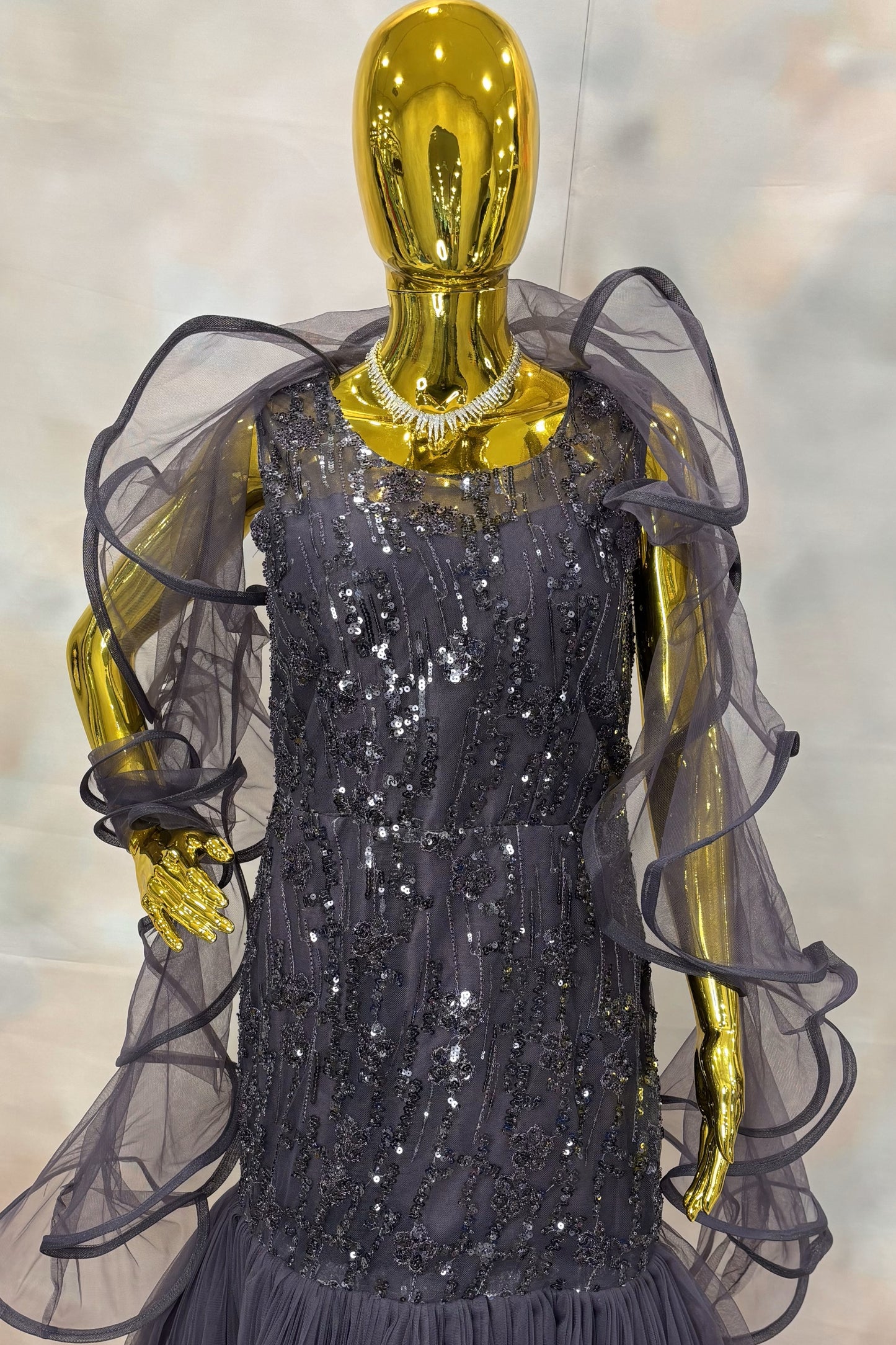 Black Sequin Mermaid Gown with Dramatic Organza Ruffles