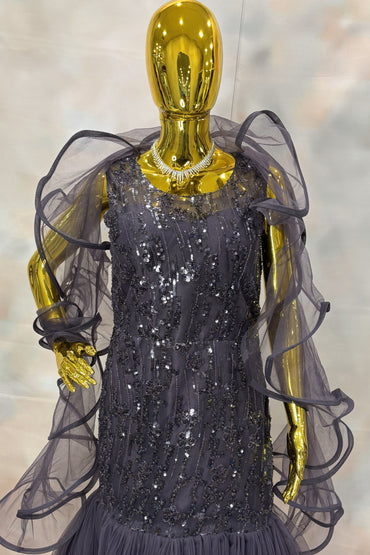 Black Sequin Mermaid Gown with Dramatic Organza Ruffles