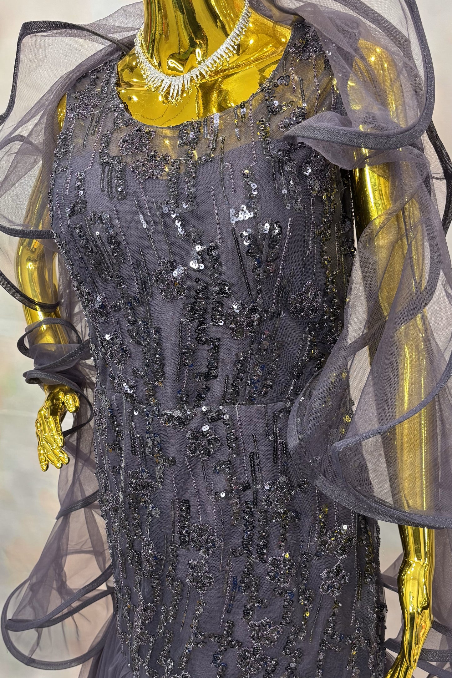 Black Sequin Mermaid Gown with Dramatic Organza Ruffles