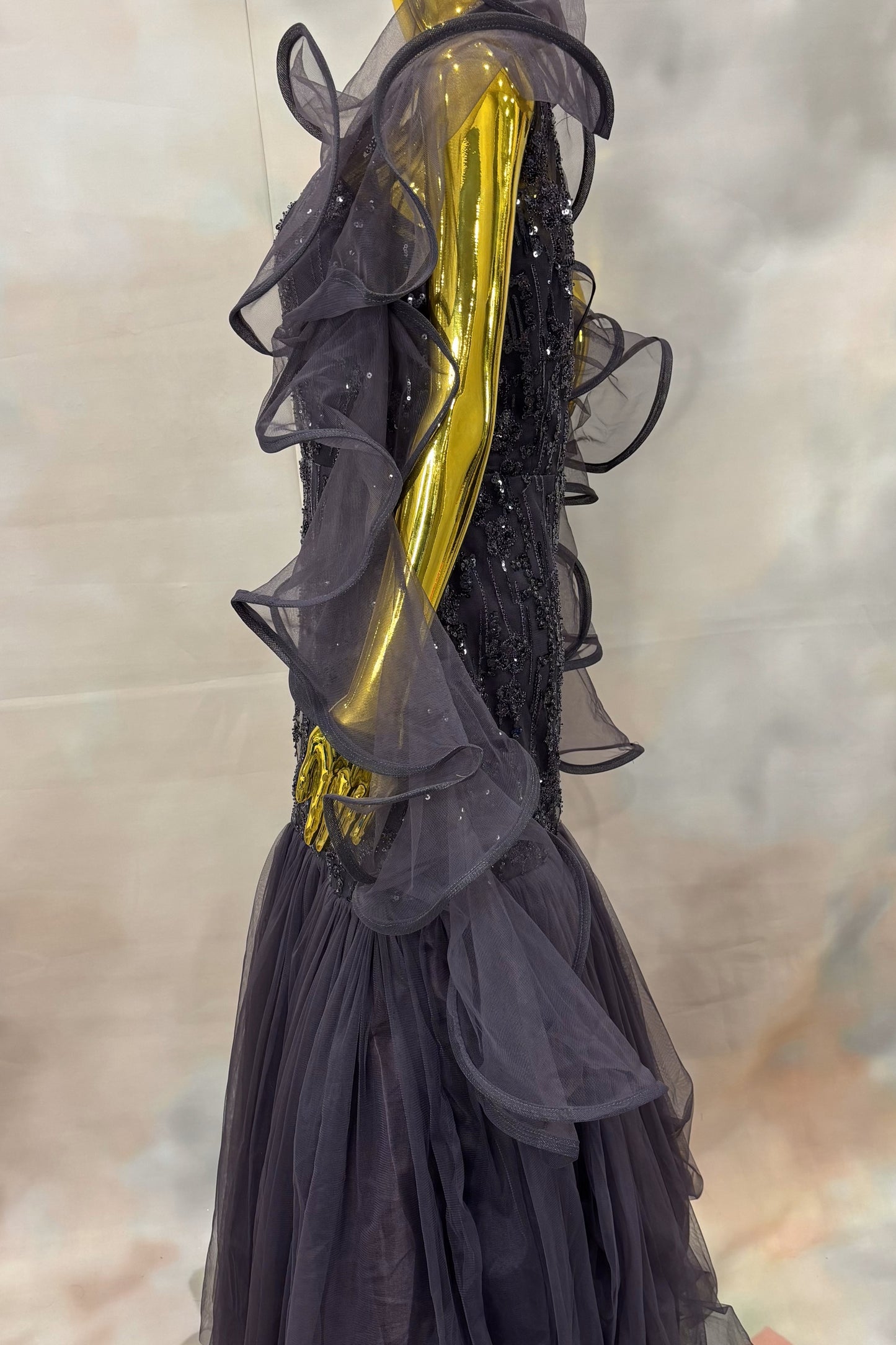 Black Sequin Mermaid Gown with Dramatic Organza Ruffles