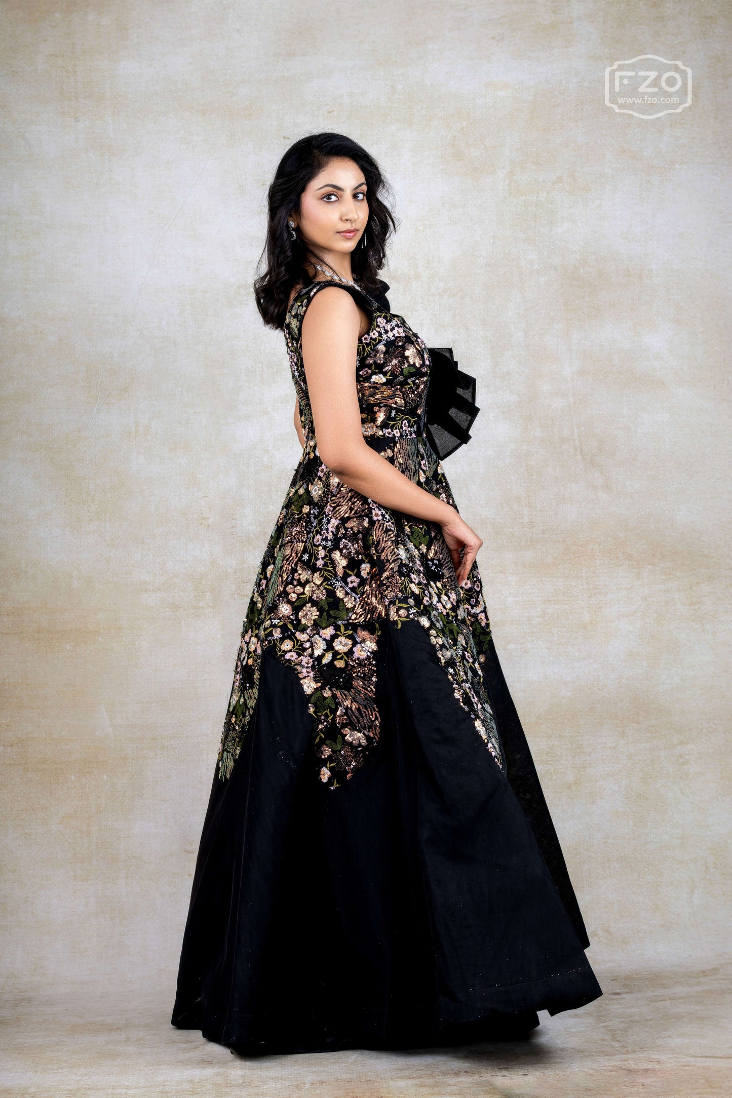 Black Floral Embroidered Gown with Dramatic Ruffle Detail