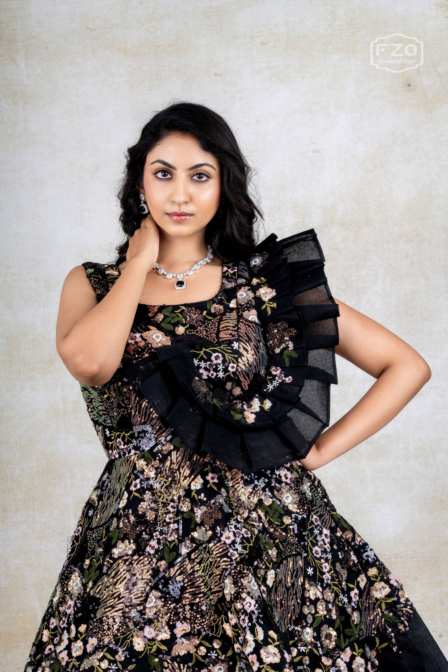 Black Floral Embroidered Gown with Dramatic Ruffle Detail