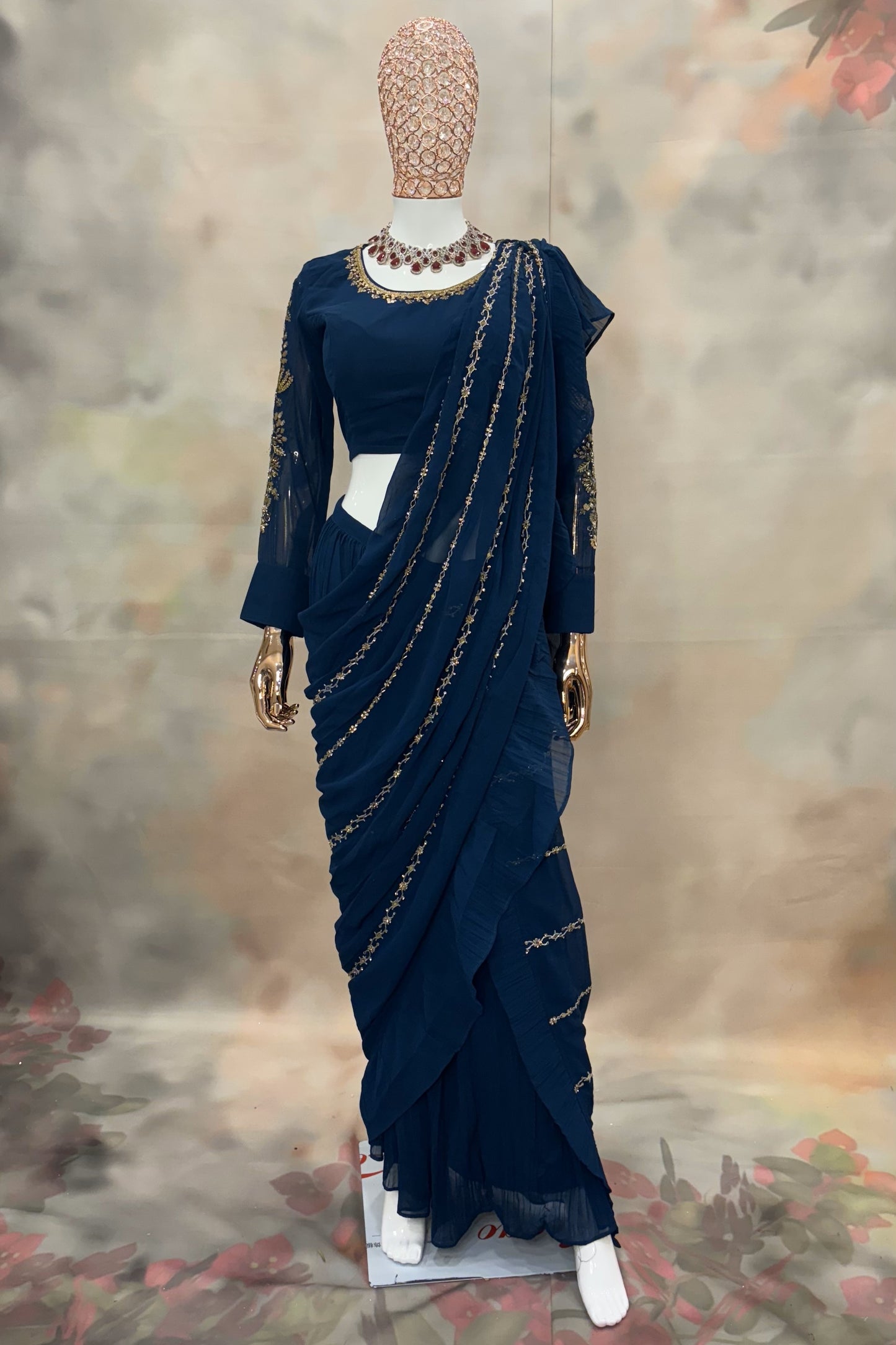 Midnight Muse – Navy Draped Saree Gown with Gold Detailing
