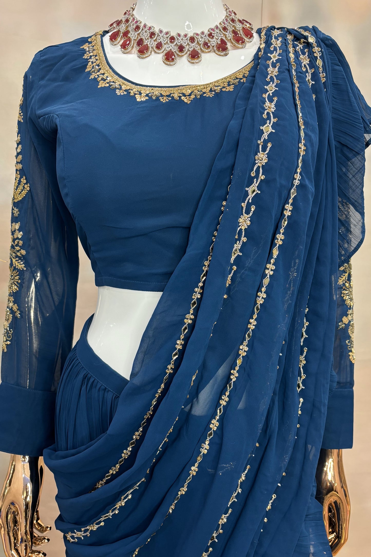 Midnight Muse – Navy Draped Saree Gown with Gold Detailing