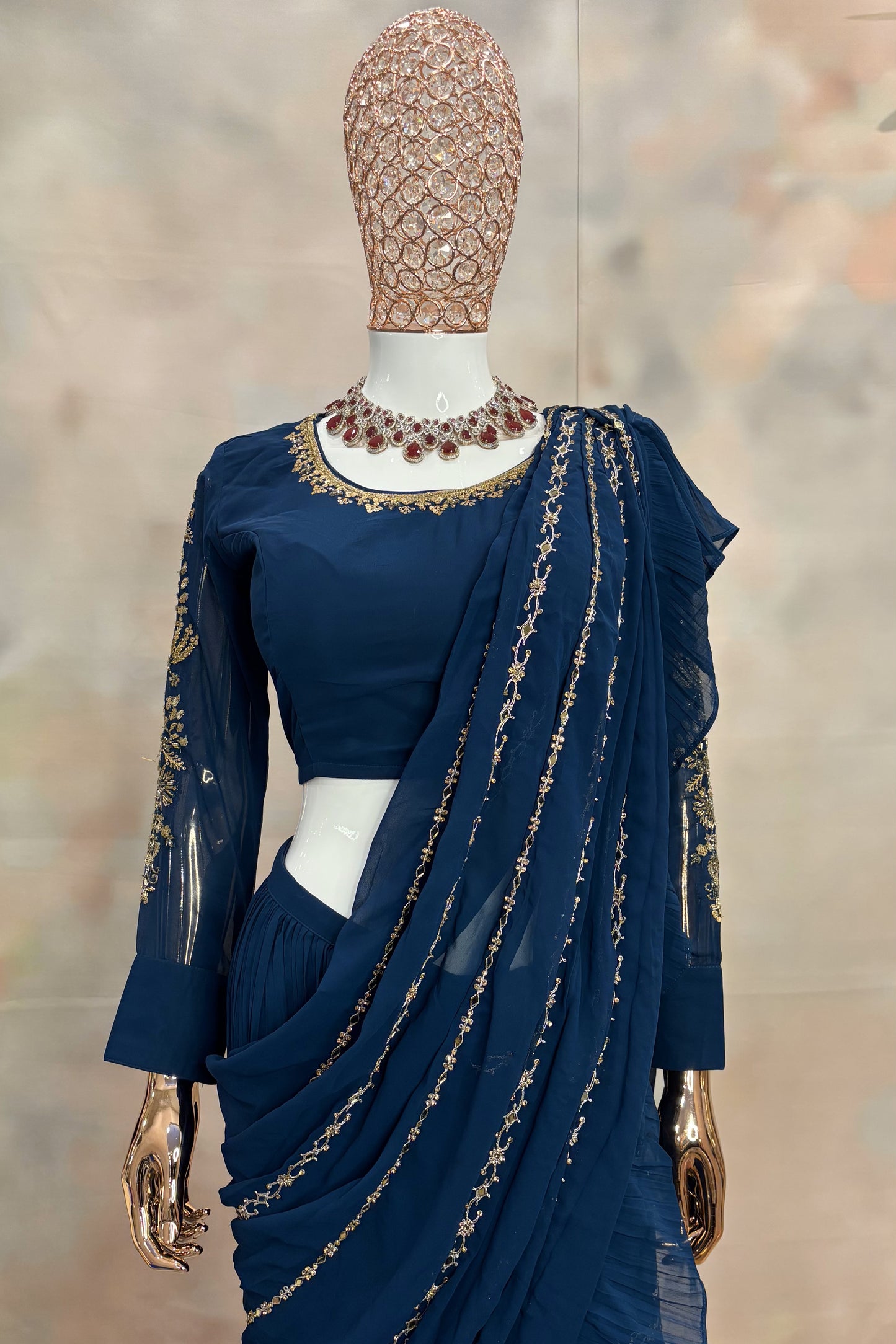 Midnight Muse – Navy Draped Saree Gown with Gold Detailing
