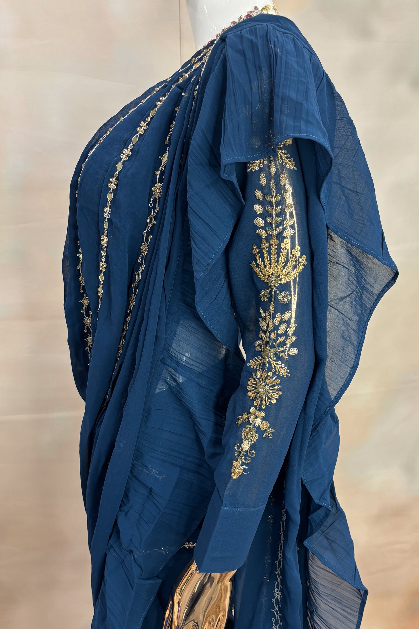 Midnight Muse – Navy Draped Saree Gown with Gold Detailing
