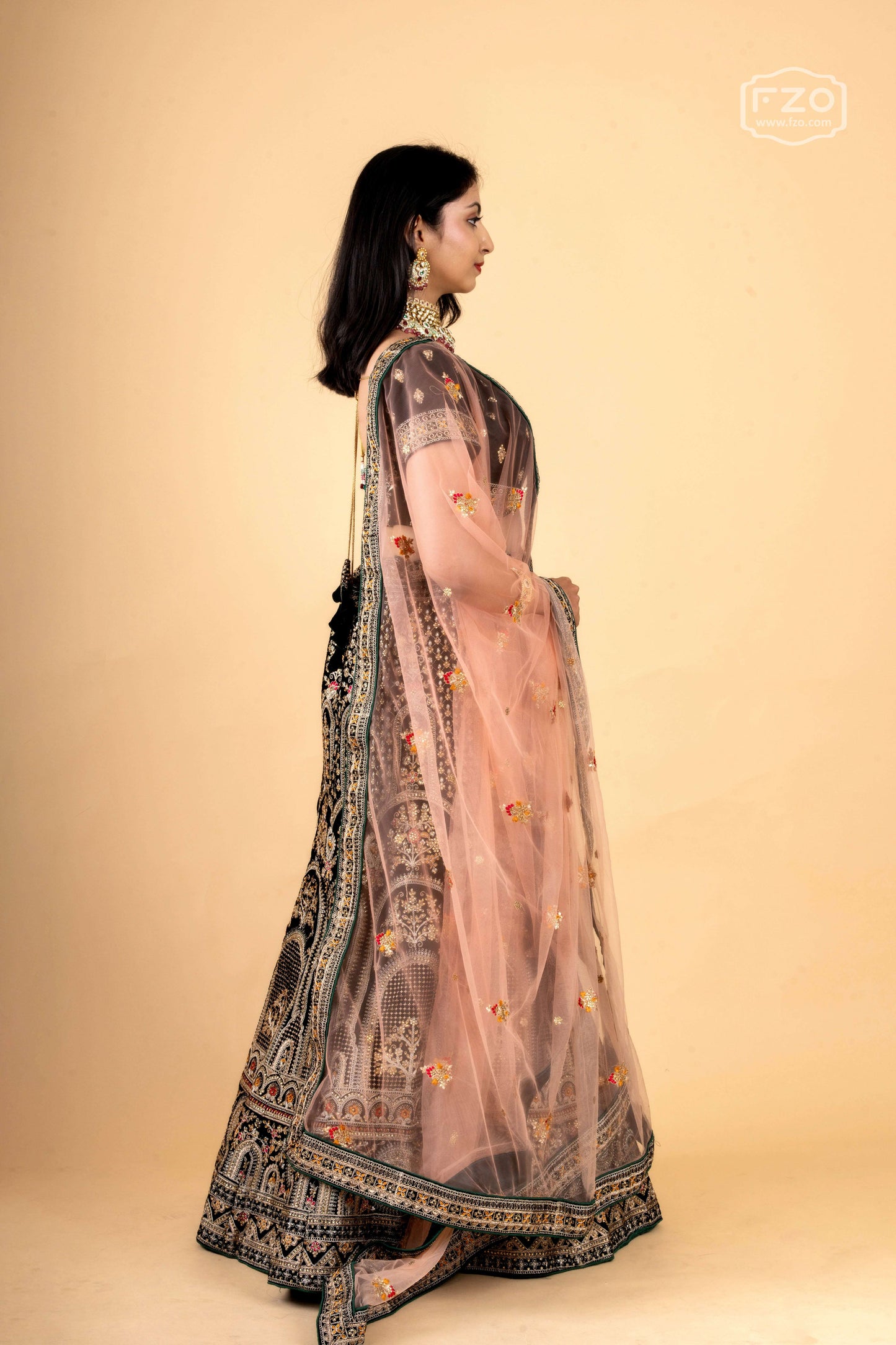 Dark Green Velvet Embroidered Lehenga with Blush Net Dupatta