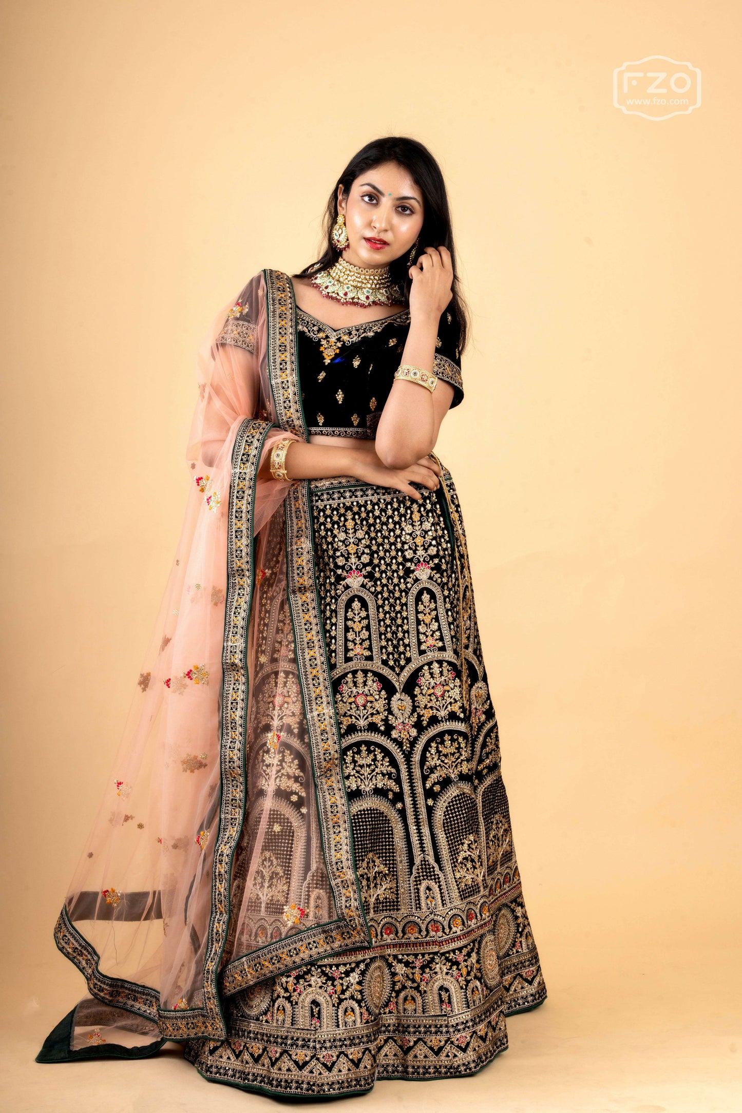 Dark Green Velvet Embroidered Lehenga with Blush Net Dupatta